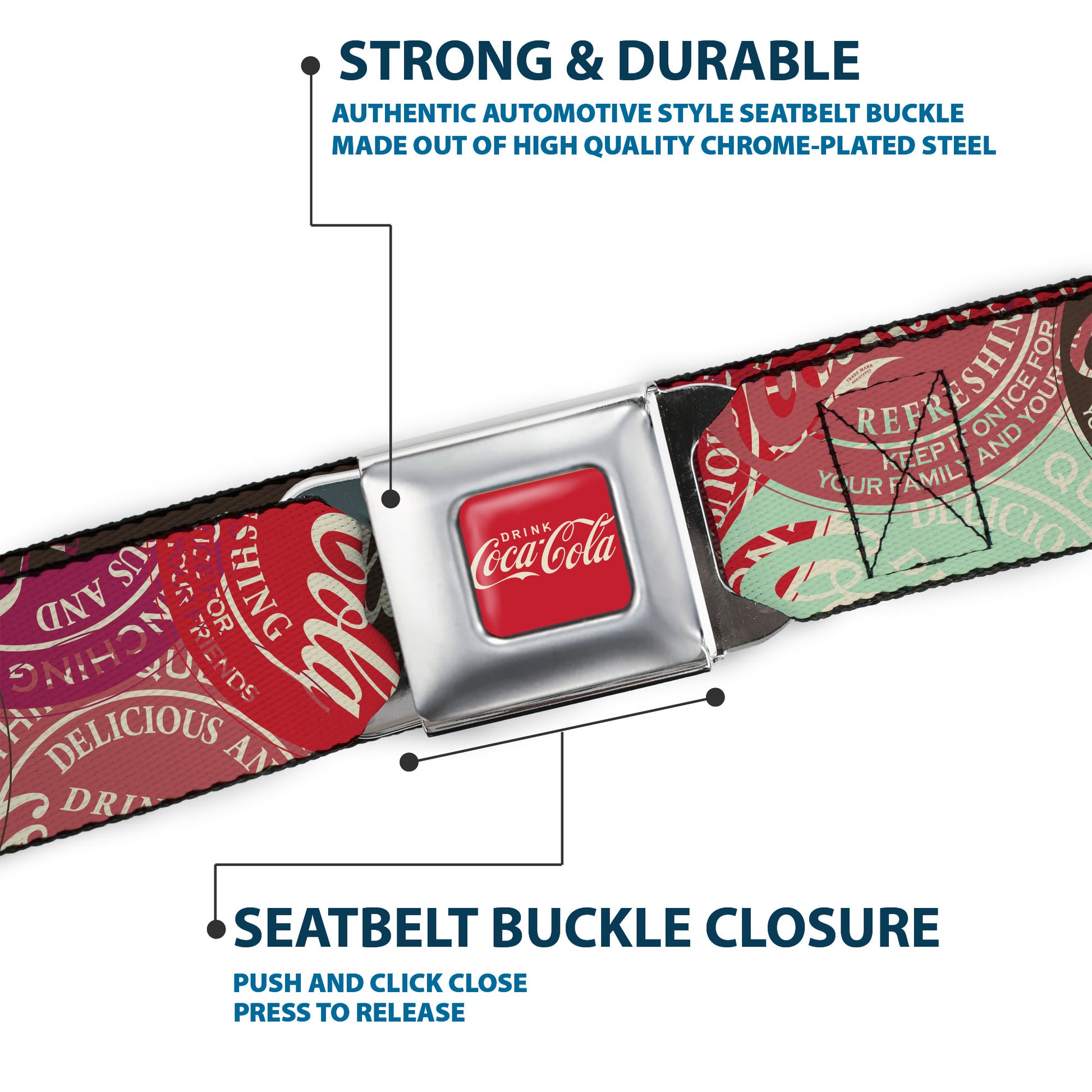 DRINK COCA-COLA Logo Full Color Red/White Seatbelt Belt - DRINK COCA-COLA Coke Patches Stacked Reds/Multi Color Webbing Seatbelt Belts Coca-Cola