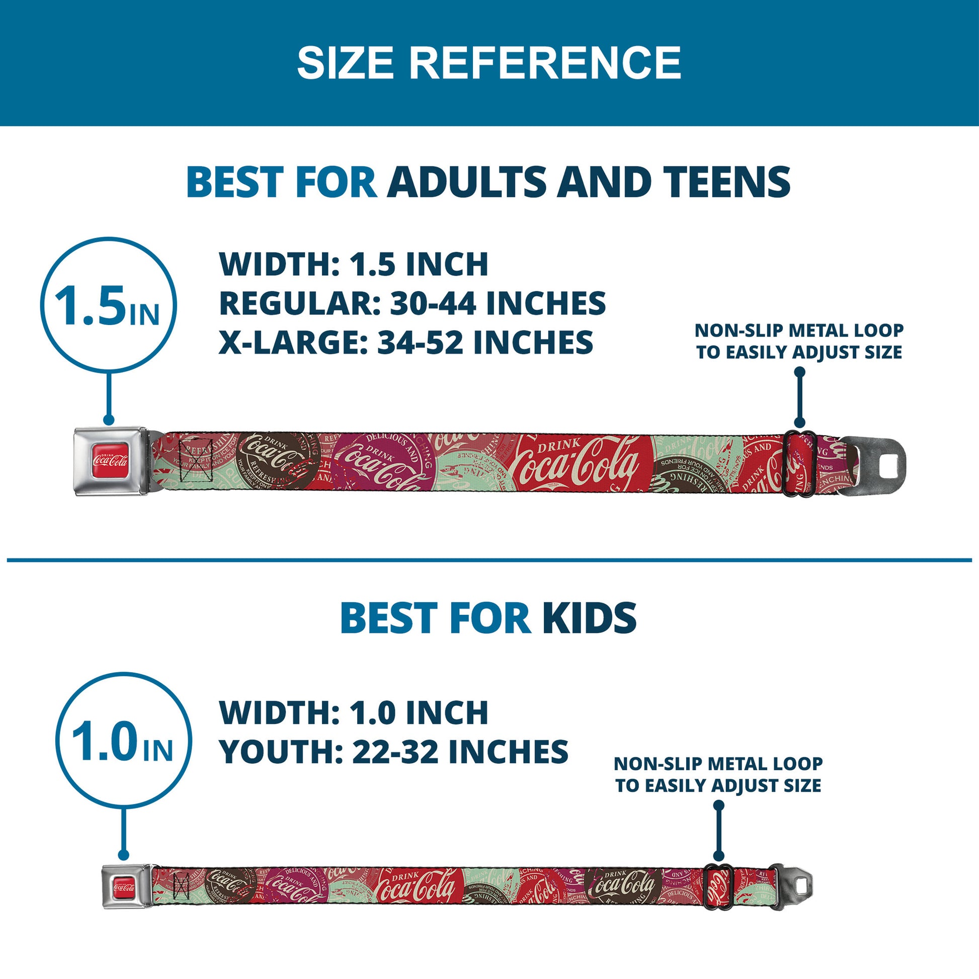 DRINK COCA-COLA Logo Full Color Red/White Seatbelt Belt - DRINK COCA-COLA Coke Patches Stacked Reds/Multi Color Webbing Seatbelt Belts Coca-Cola