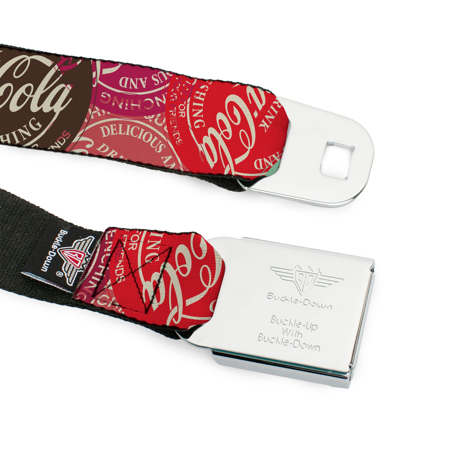 DRINK COCA-COLA Logo Full Color Red/White Seatbelt Belt - DRINK COCA-COLA Coke Patches Stacked Reds/Multi Color Webbing Seatbelt Belts Coca-Cola