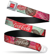 DRINK COCA-COLA Logo Full Color Red/White Seatbelt Belt - DRINK COCA-COLA Coke Patches Stacked Reds/Multi Color Webbing Seatbelt Belts Coca-Cola