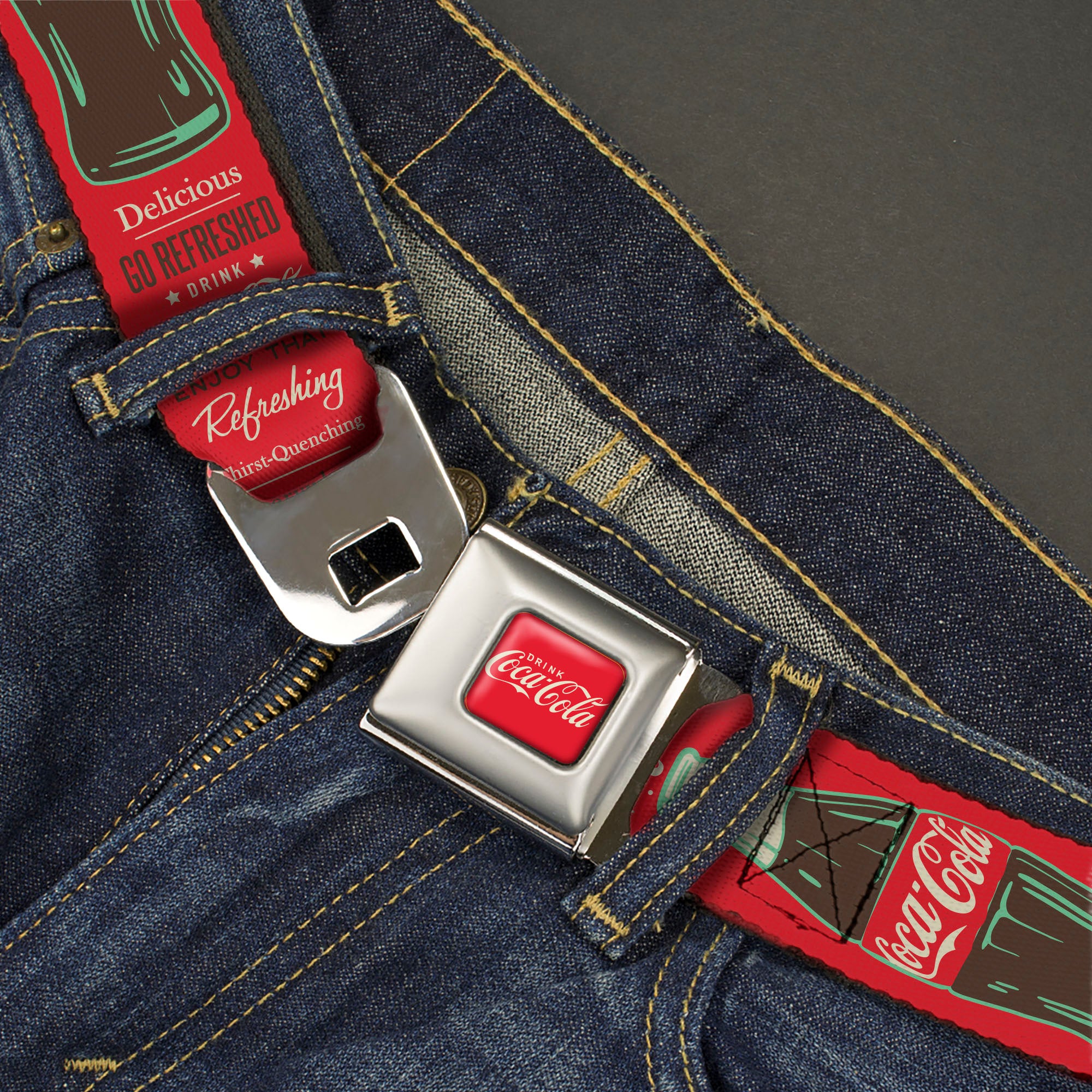 DRINK COCA-COLA Logo Full Color Red/White Seatbelt Belt - Vintage Coca-Cola DELICIOUS GO REFRESHED Typography and Bottle Red/Brown/White Webbing Seatbelt Belts Coca-Cola