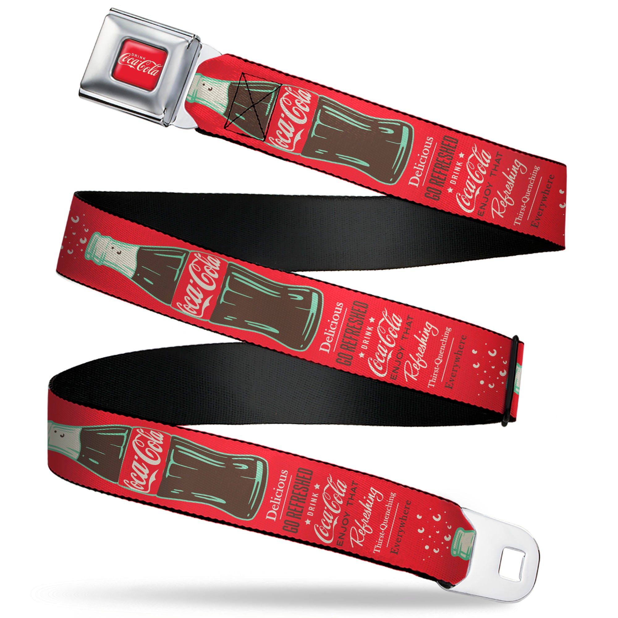 DRINK COCA-COLA Logo Full Color Red/White Seatbelt Belt - Vintage Coca-Cola DELICIOUS GO REFRESHED Typography and Bottle Red/Brown/White Webbing Seatbelt Belts Coca-Cola