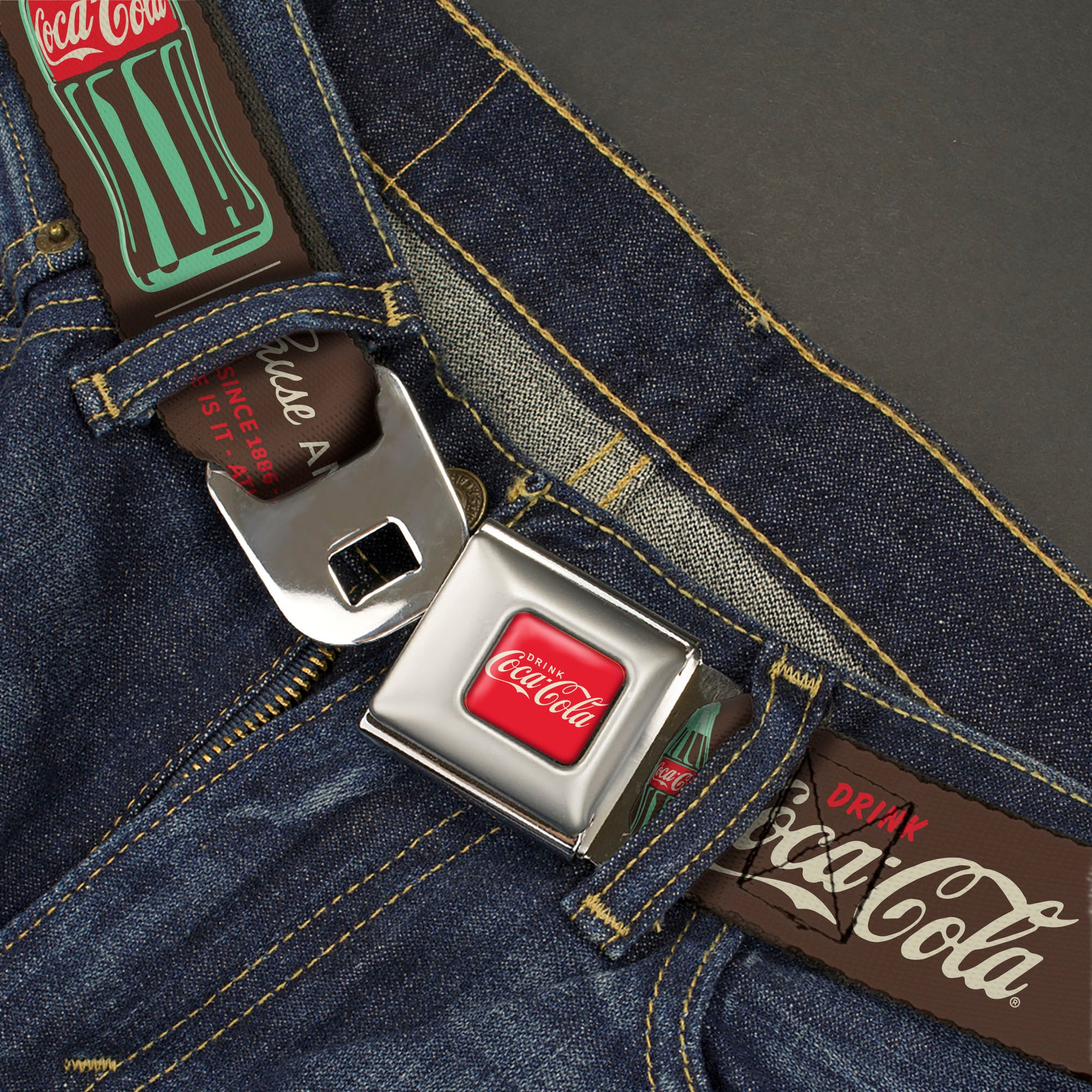 DRINK COCA-COLA Logo Full Color Red/White Seatbelt Belt - Coca-Cola PAUSE AND REFRESH Typography and Bottle Brown/Red/White Webbing Seatbelt Belts Coca-Cola