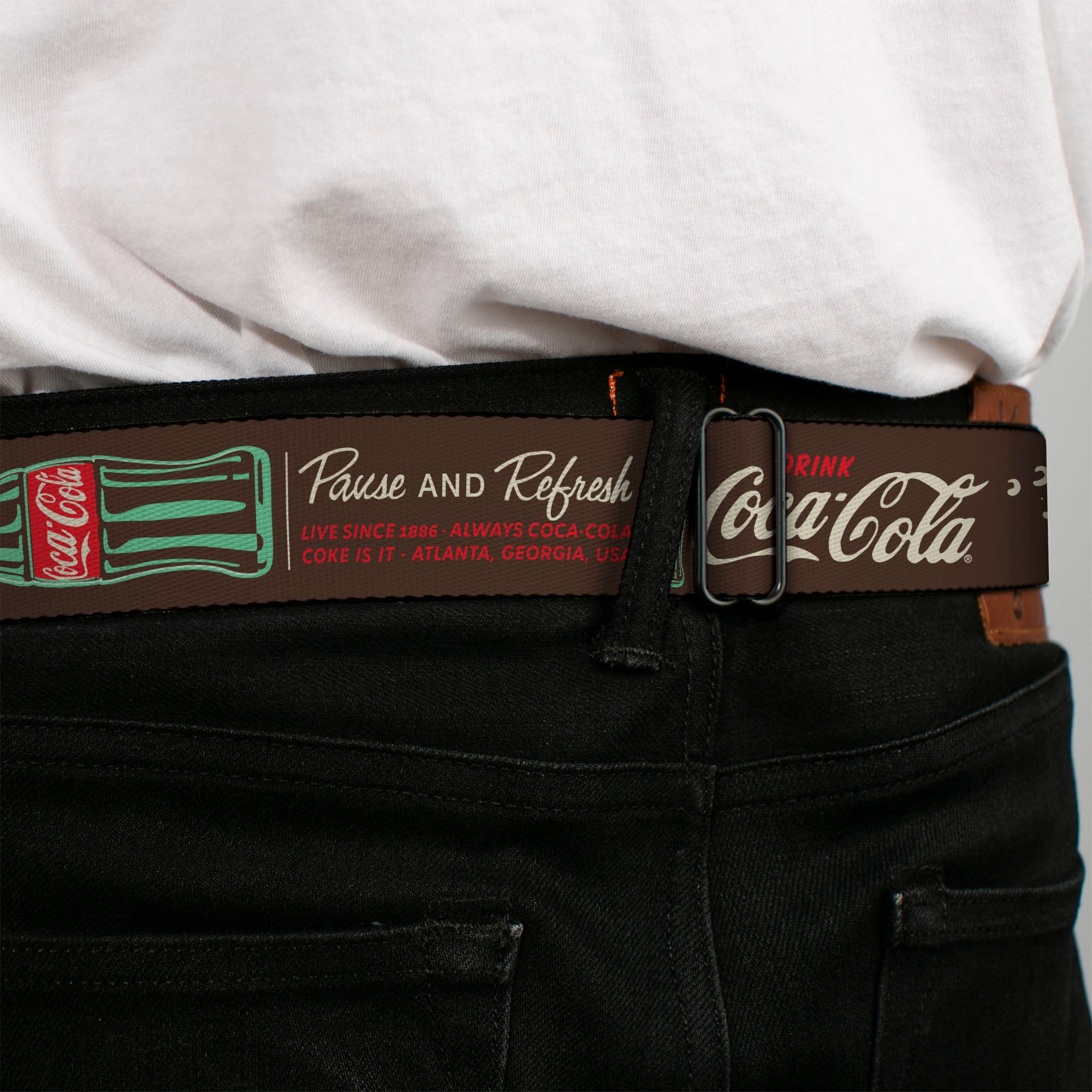 DRINK COCA-COLA Logo Full Color Red/White Seatbelt Belt - Coca-Cola PAUSE AND REFRESH Typography and Bottle Brown/Red/White Webbing Seatbelt Belts Coca-Cola