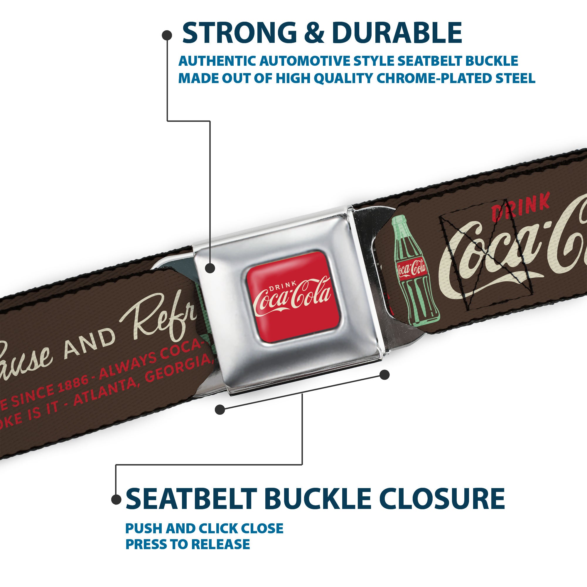 DRINK COCA-COLA Logo Full Color Red/White Seatbelt Belt - Coca-Cola PAUSE AND REFRESH Typography and Bottle Brown/Red/White Webbing Seatbelt Belts Coca-Cola