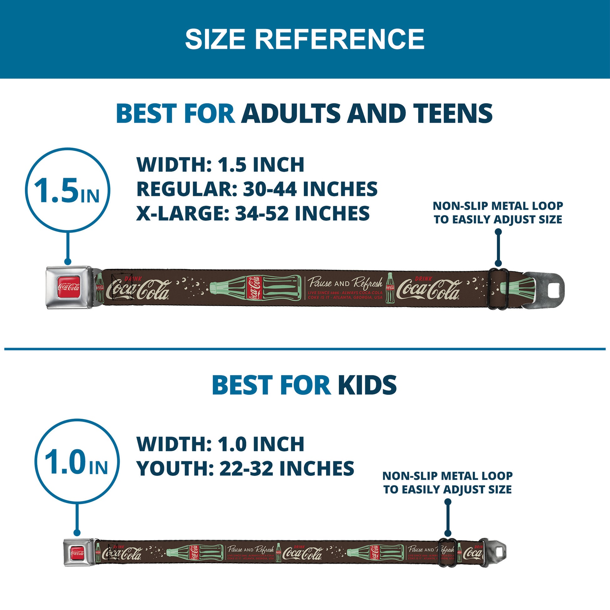 DRINK COCA-COLA Logo Full Color Red/White Seatbelt Belt - Coca-Cola PAUSE AND REFRESH Typography and Bottle Brown/Red/White Webbing Seatbelt Belts Coca-Cola