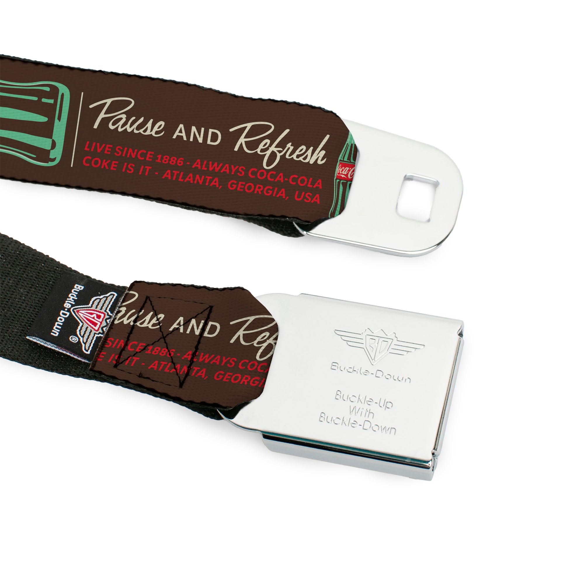 DRINK COCA-COLA Logo Full Color Red/White Seatbelt Belt - Coca-Cola PAUSE AND REFRESH Typography and Bottle Brown/Red/White Webbing Seatbelt Belts Coca-Cola