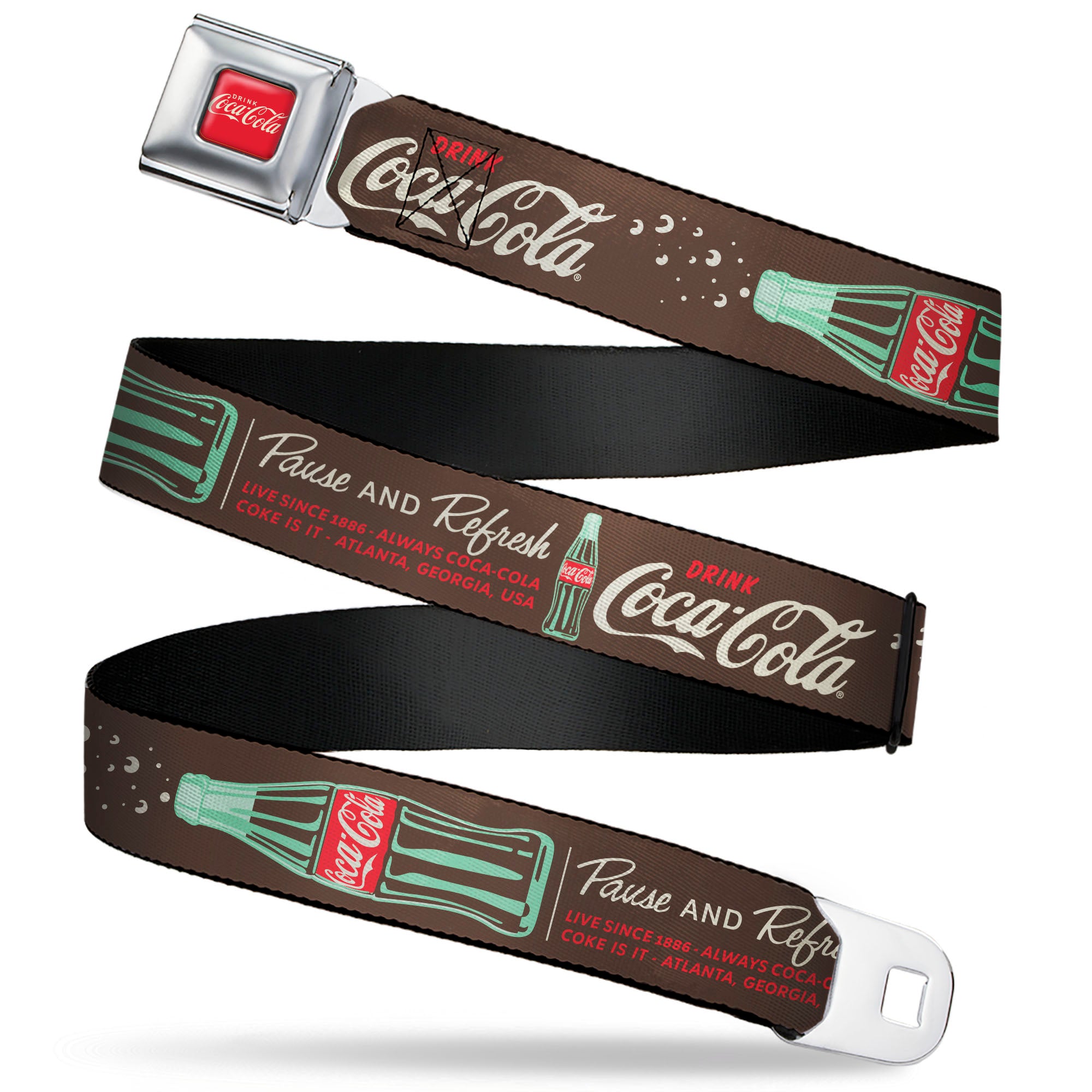 DRINK COCA-COLA Logo Full Color Red/White Seatbelt Belt - Coca-Cola PAUSE AND REFRESH Typography and Bottle Brown/Red/White Webbing Seatbelt Belts The Coca-Cola Company