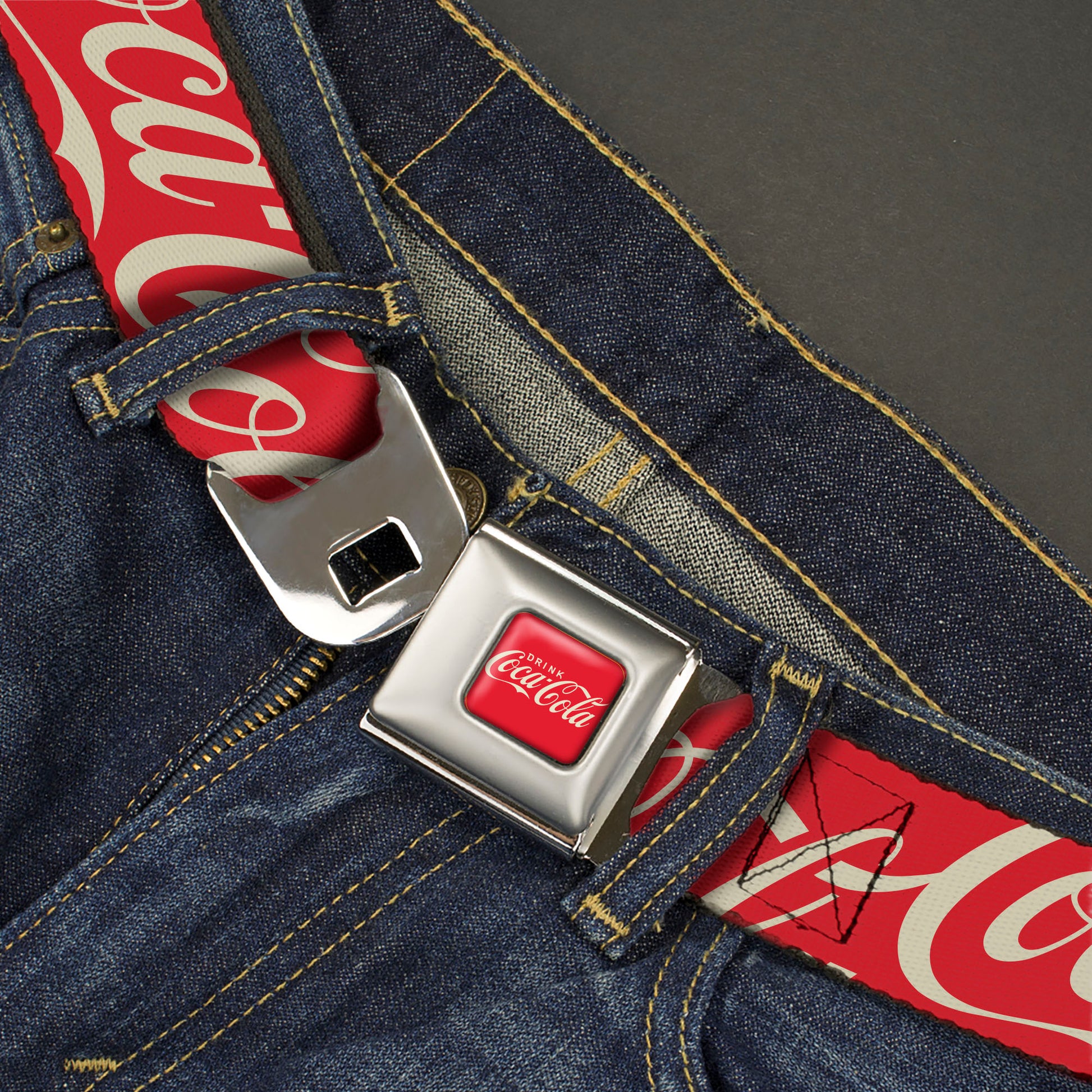 DRINK COCA-COLA Logo Full Color Red/White Seatbelt Belt - DRINK COCA-COLA Typograpy Logo Scattered Red/White Webbing Seatbelt Belts Coca-Cola