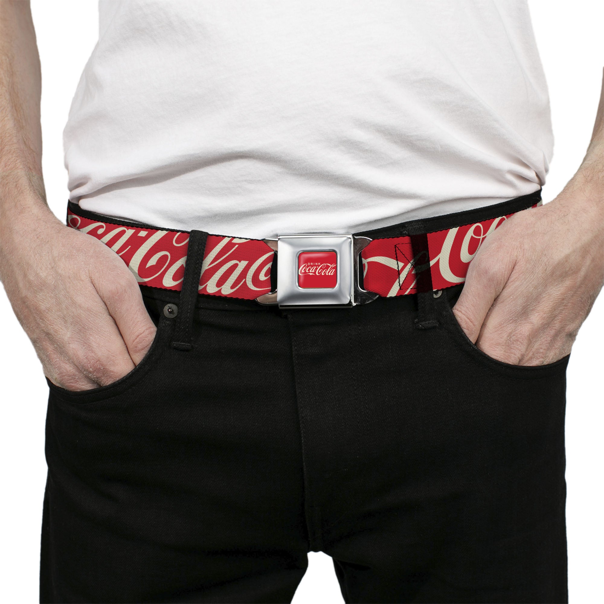 DRINK COCA-COLA Logo Full Color Red/White Seatbelt Belt - DRINK COCA-COLA Typograpy Logo Scattered Red/White Webbing Seatbelt Belts Coca-Cola