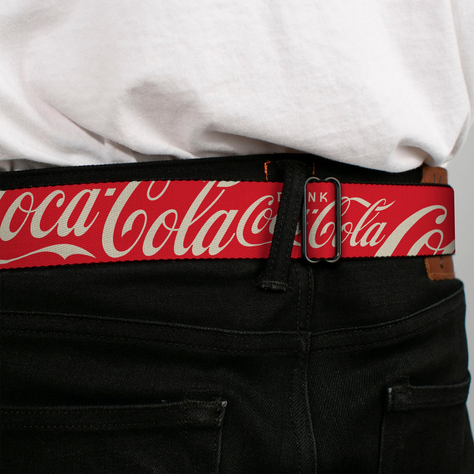 DRINK COCA-COLA Logo Full Color Red/White Seatbelt Belt - DRINK COCA-COLA Typograpy Logo Scattered Red/White Webbing Seatbelt Belts Coca-Cola