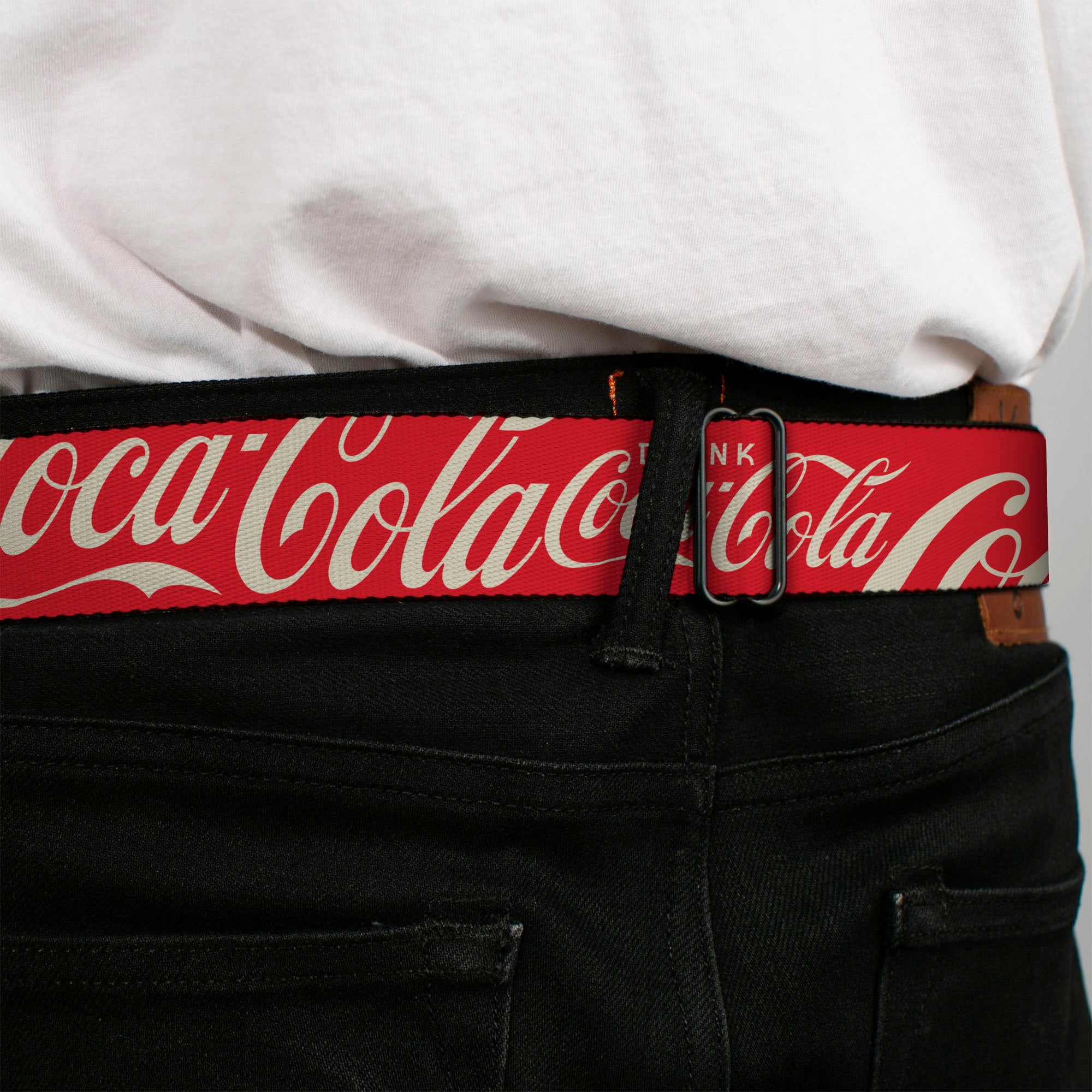 DRINK COCA-COLA Logo Full Color Red/White Seatbelt Belt - DRINK COCA-COLA Typograpy Logo Scattered Red/White Webbing Seatbelt Belts Coca-Cola