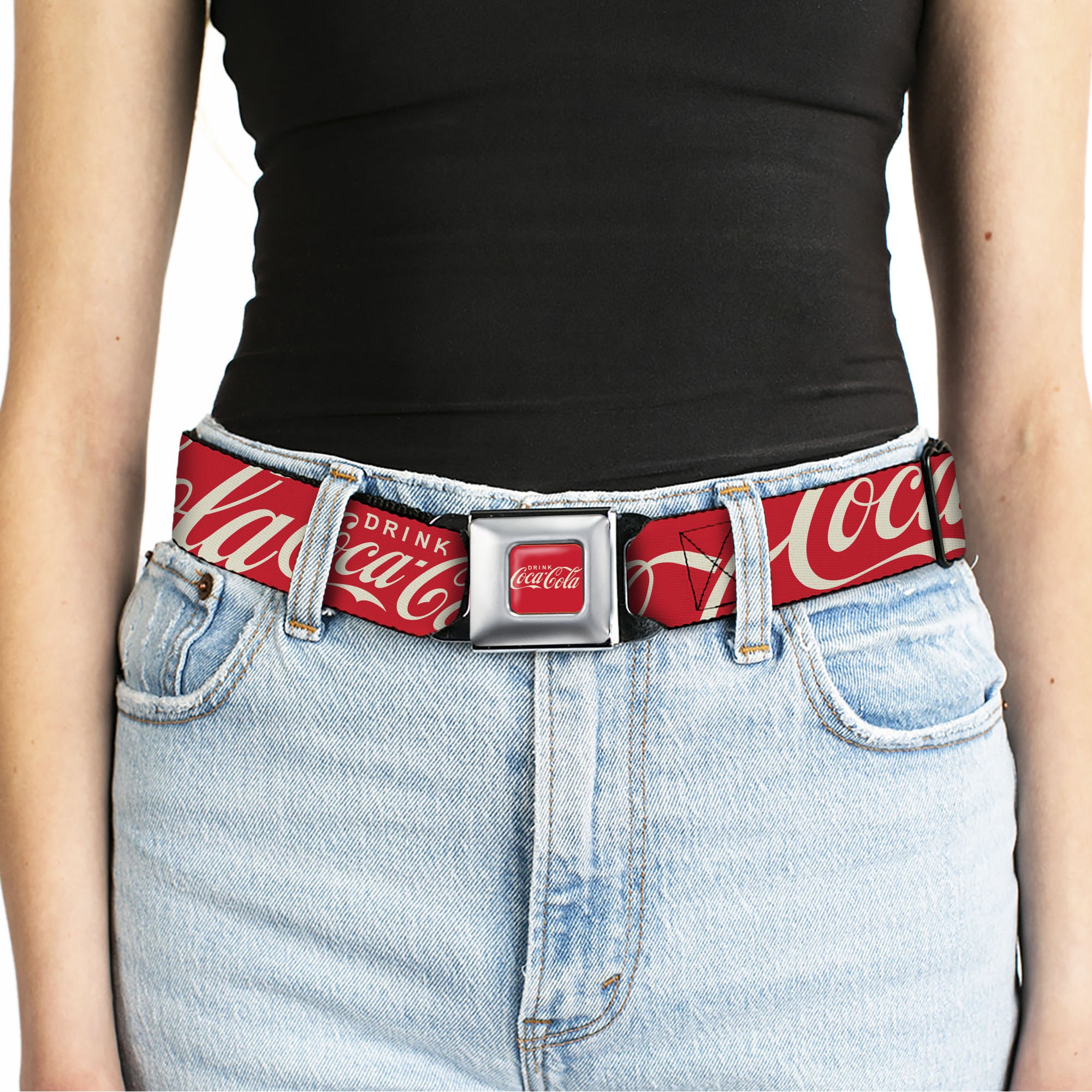 DRINK COCA-COLA Logo Full Color Red/White Seatbelt Belt - DRINK COCA-COLA Typograpy Logo Scattered Red/White Webbing Seatbelt Belts Coca-Cola