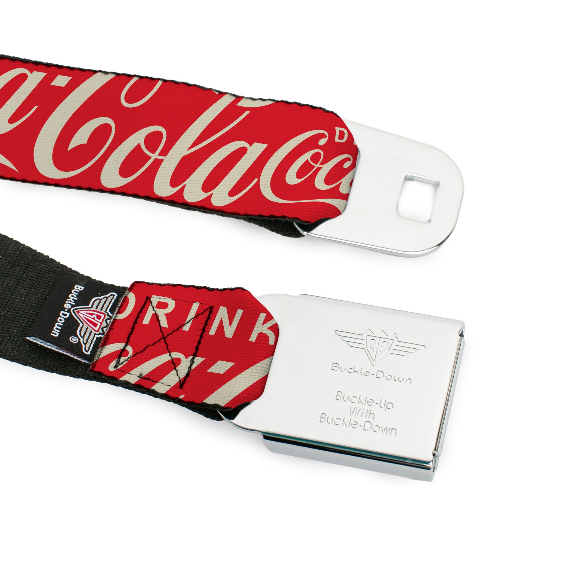 DRINK COCA-COLA Logo Full Color Red/White Seatbelt Belt - DRINK COCA-COLA Typograpy Logo Scattered Red/White Webbing Seatbelt Belts Coca-Cola