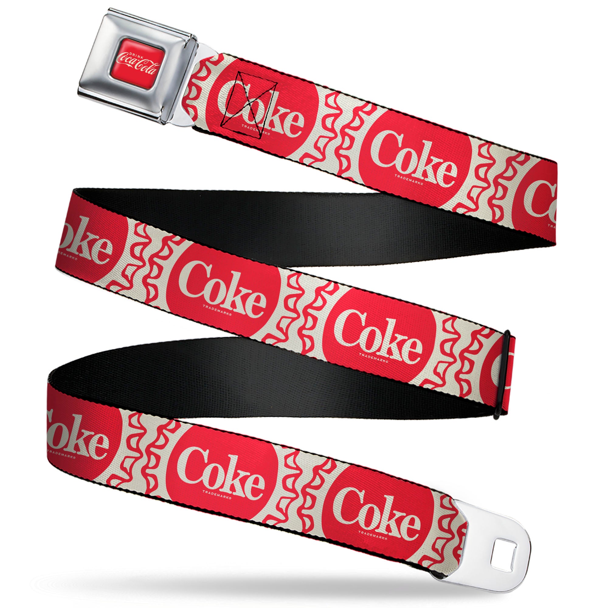 DRINK COCA-COLA Logo Full Color Red/White Seatbelt Belt - Vintage COKE Bottle Caps White/Red Webbing Seatbelt Belts Coca-Cola