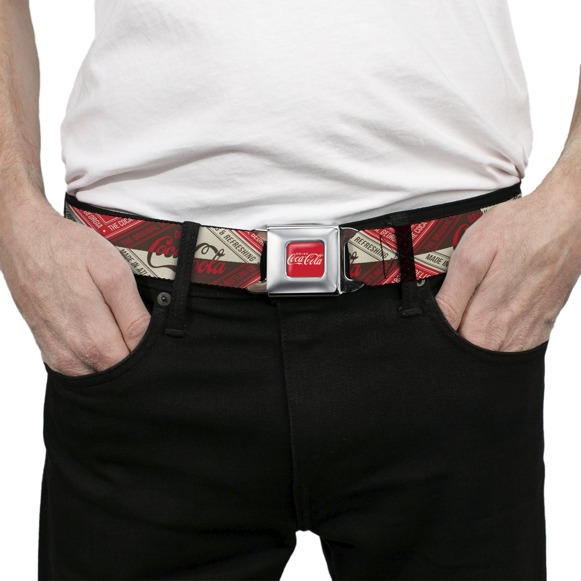DRINK COCA-COLA Logo Full Color Red/White Seatbelt Belt - DRINK COCA-COLA Coke Diamond Blocks Red/Brown/Beige Webbing Seatbelt Belts Coca-Cola