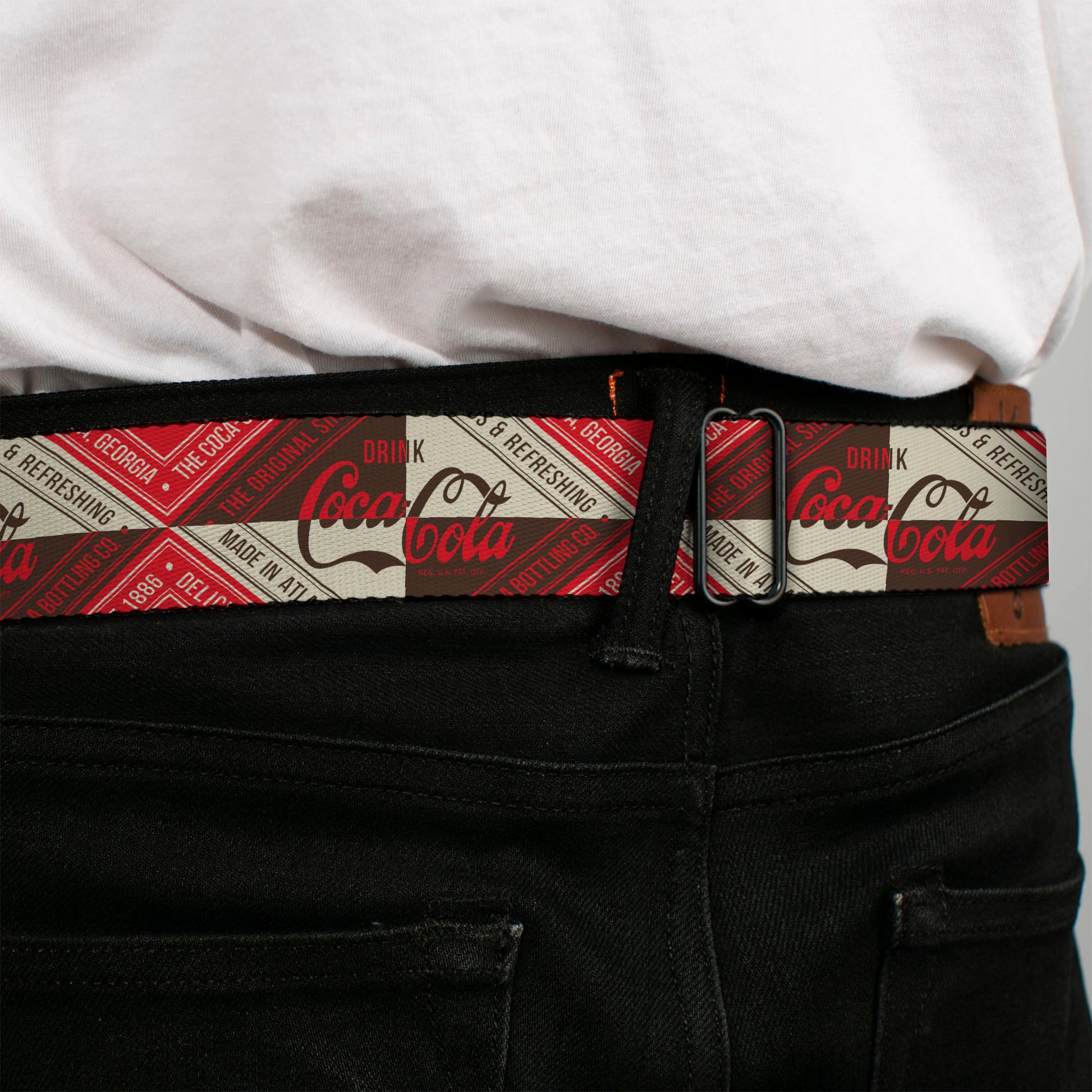 DRINK COCA-COLA Logo Full Color Red/White Seatbelt Belt - DRINK COCA-COLA Coke Diamond Blocks Red/Brown/Beige Webbing Seatbelt Belts Coca-Cola