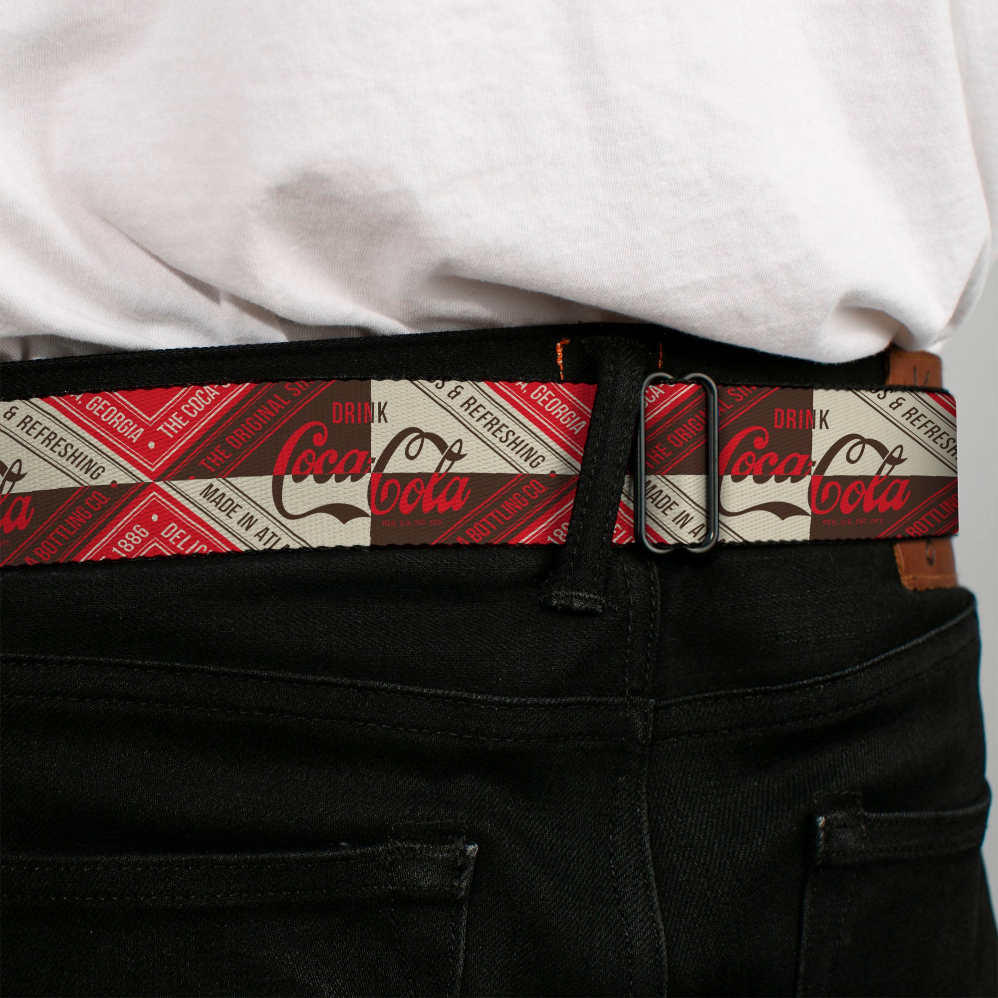 DRINK COCA-COLA Logo Full Color Red/White Seatbelt Belt - DRINK COCA-COLA Coke Diamond Blocks Red/Brown/Beige Webbing Seatbelt Belts Coca-Cola