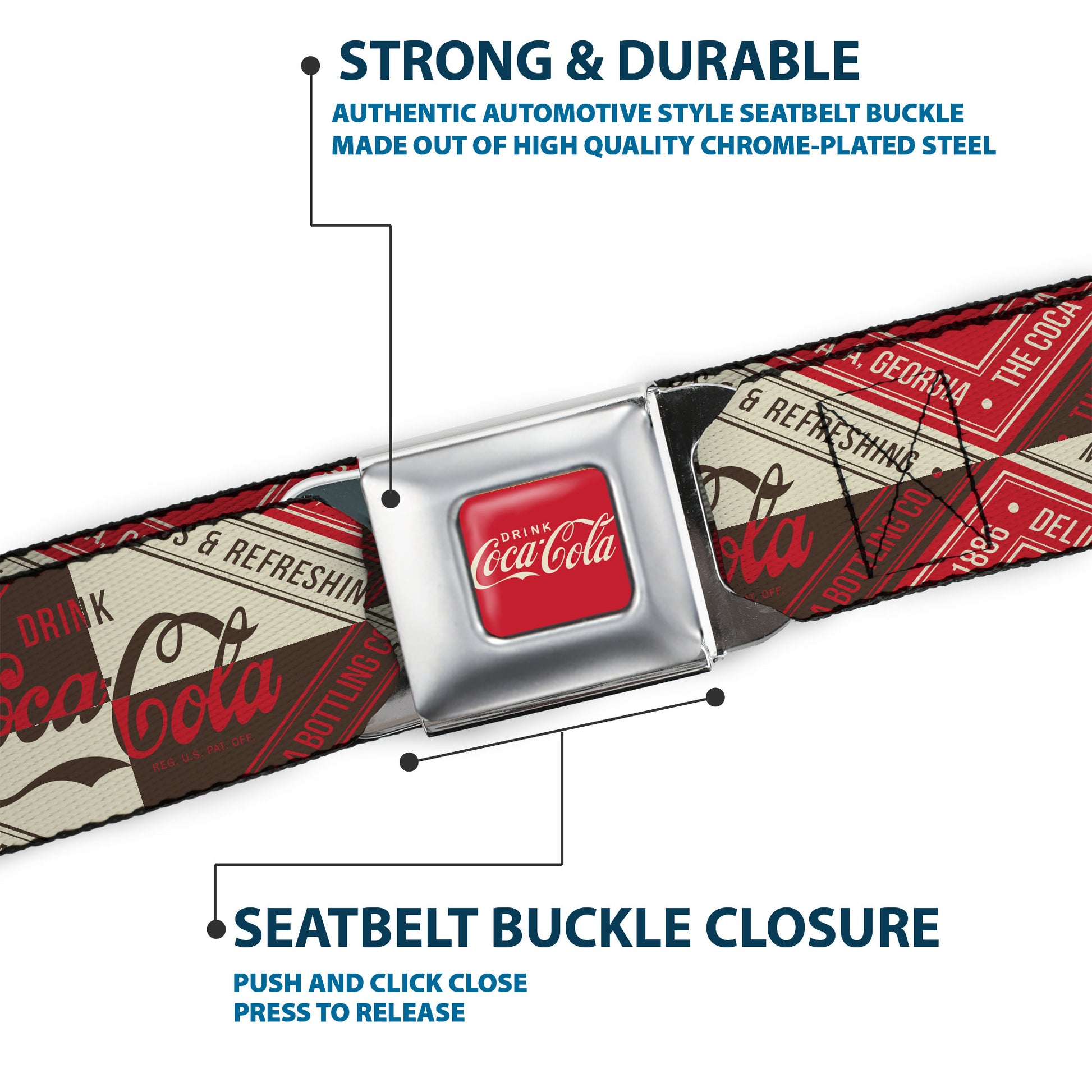DRINK COCA-COLA Logo Full Color Red/White Seatbelt Belt - DRINK COCA-COLA Coke Diamond Blocks Red/Brown/Beige Webbing Seatbelt Belts Coca-Cola