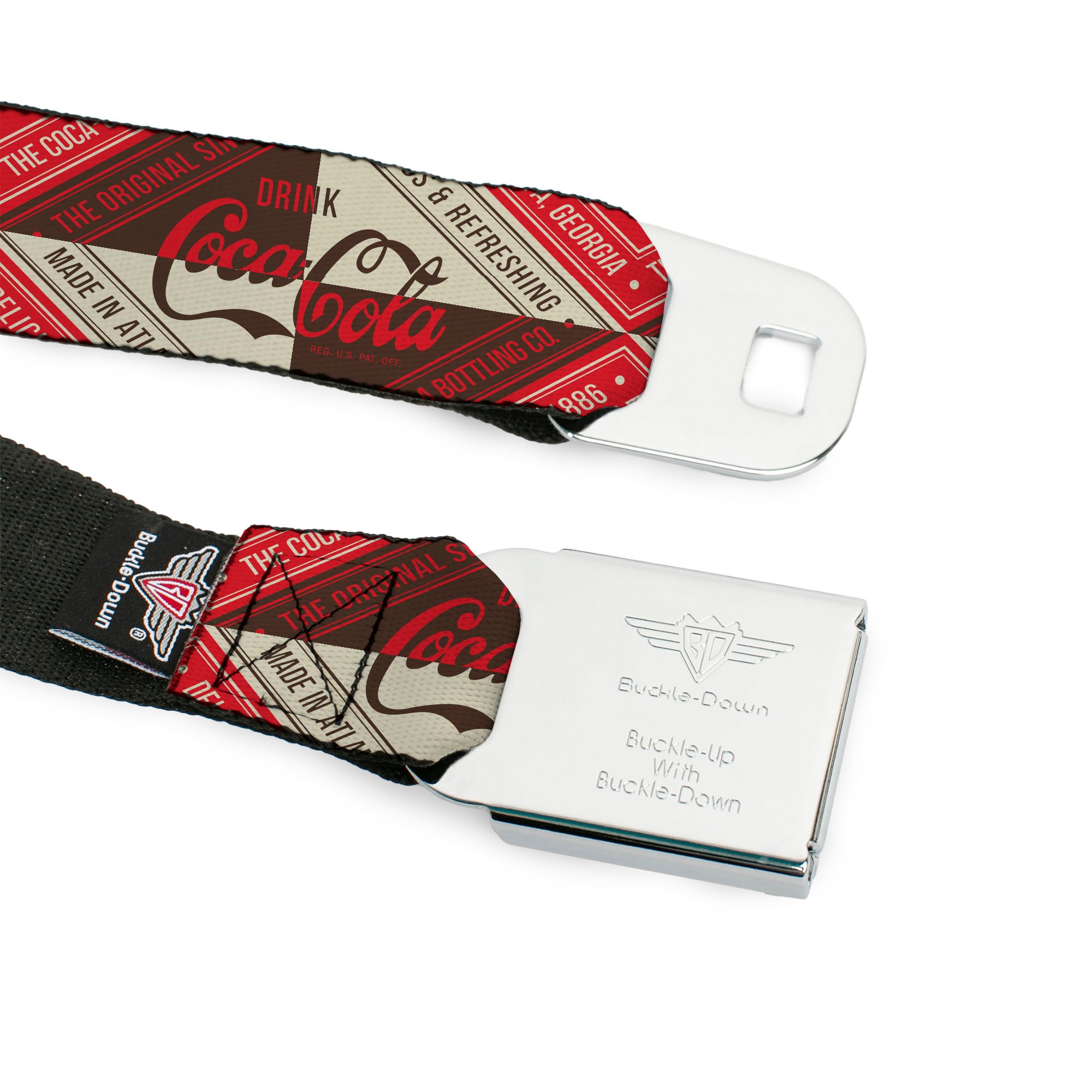 DRINK COCA-COLA Logo Full Color Red/White Seatbelt Belt - DRINK COCA-COLA Coke Diamond Blocks Red/Brown/Beige Webbing Seatbelt Belts Coca-Cola