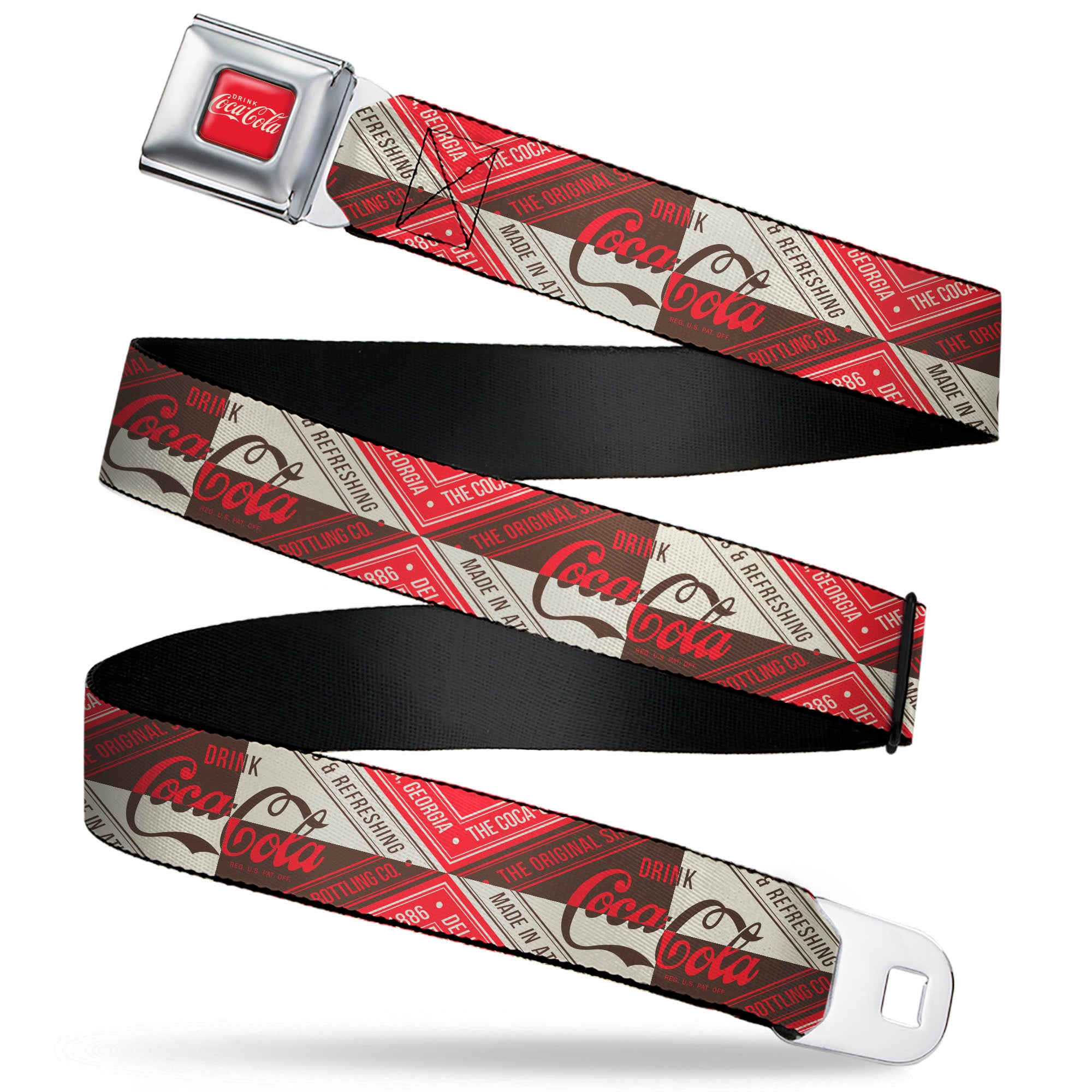DRINK COCA-COLA Logo Full Color Red/White Seatbelt Belt - DRINK COCA-COLA Coke Diamond Blocks Red/Brown/Beige Webbing Seatbelt Belts Coca-Cola