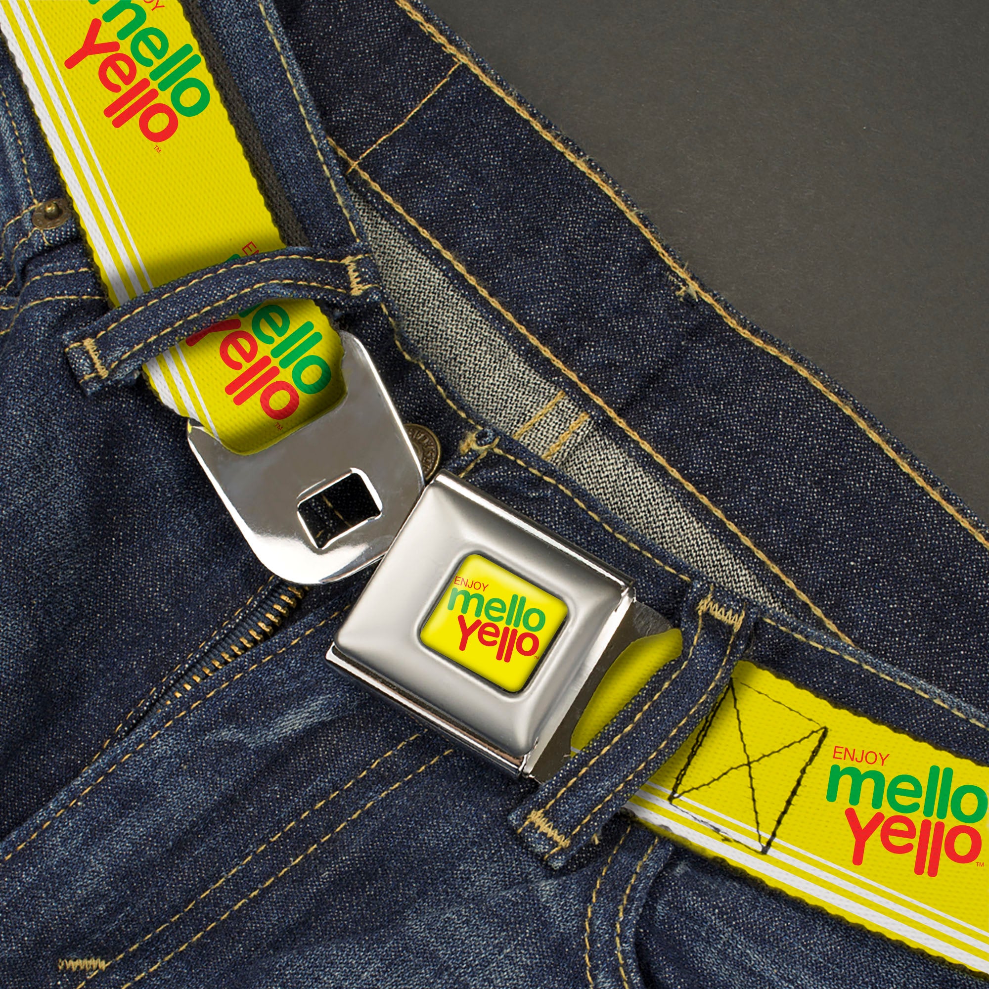 ENJOY MELLO YELLO Logo Full Color Yellow/Red/Green Seatbelt Belt - ENJOY MELLO YELLO Logo Yellow/Red/Green Webbing Seatbelt Belts Coca-Cola