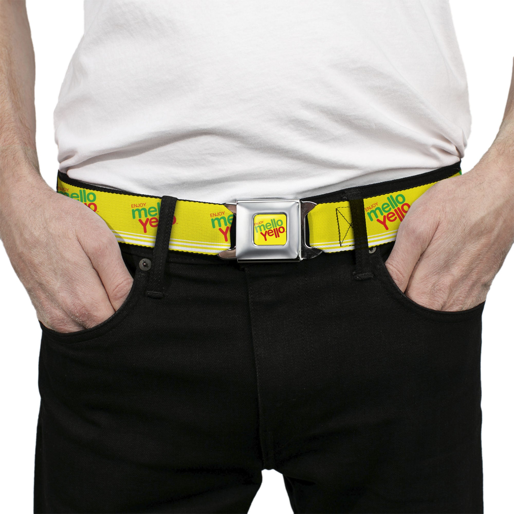 ENJOY MELLO YELLO Logo Full Color Yellow/Red/Green Seatbelt Belt - ENJOY MELLO YELLO Logo Yellow/Red/Green Webbing Seatbelt Belts Coca-Cola