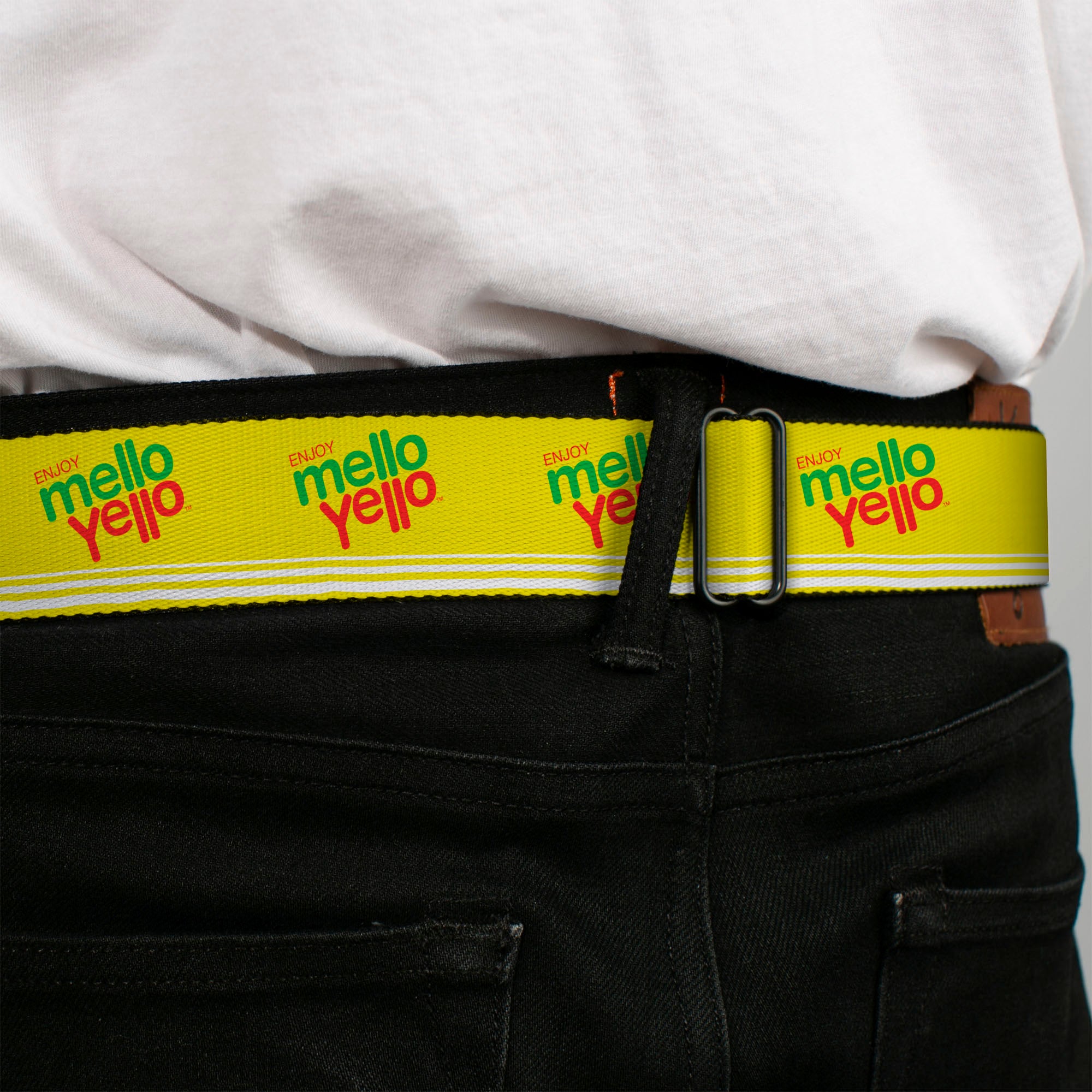 ENJOY MELLO YELLO Logo Full Color Yellow/Red/Green Seatbelt Belt - ENJOY MELLO YELLO Logo Yellow/Red/Green Webbing Seatbelt Belts Coca-Cola