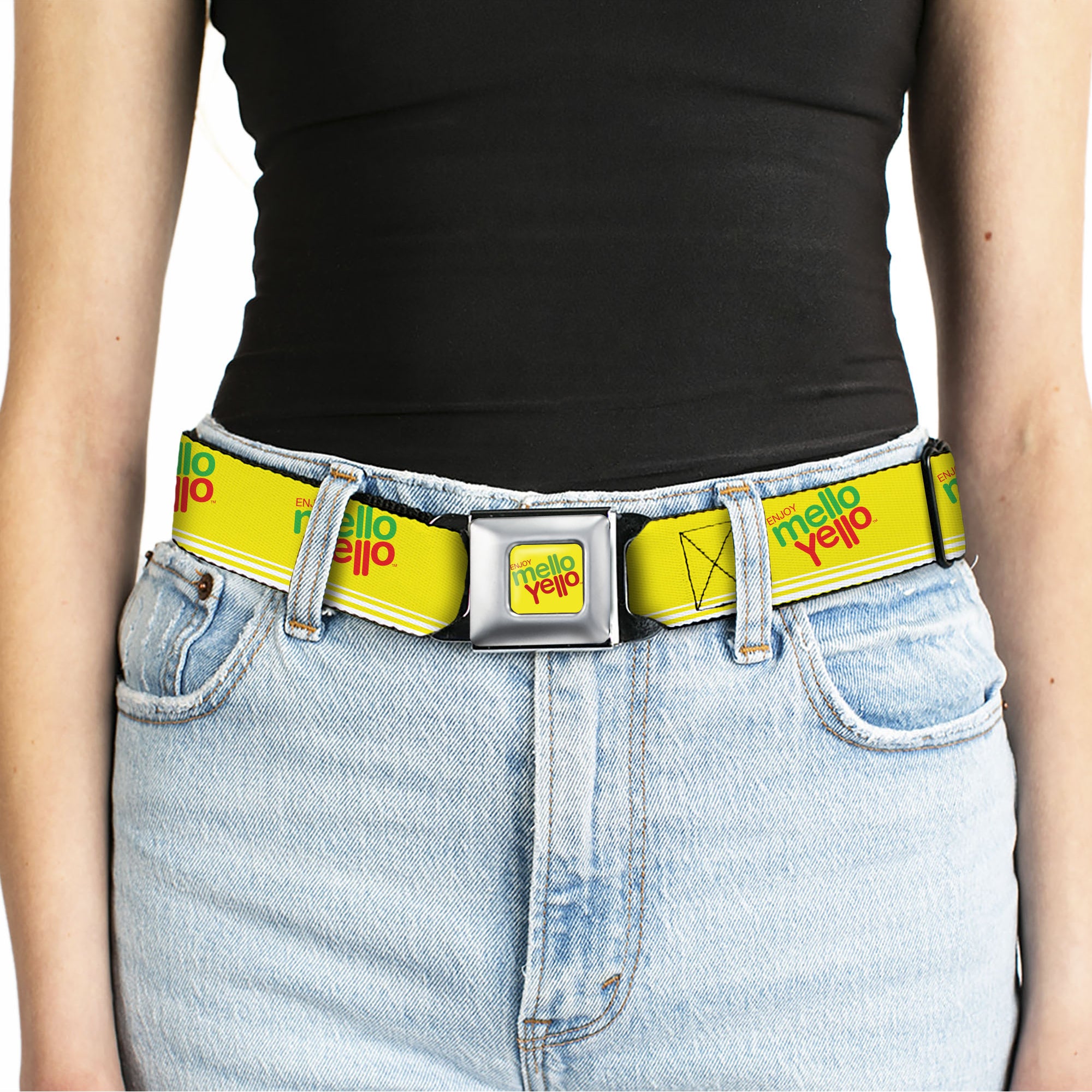 ENJOY MELLO YELLO Logo Full Color Yellow/Red/Green Seatbelt Belt - ENJOY MELLO YELLO Logo Yellow/Red/Green Webbing Seatbelt Belts Coca-Cola
