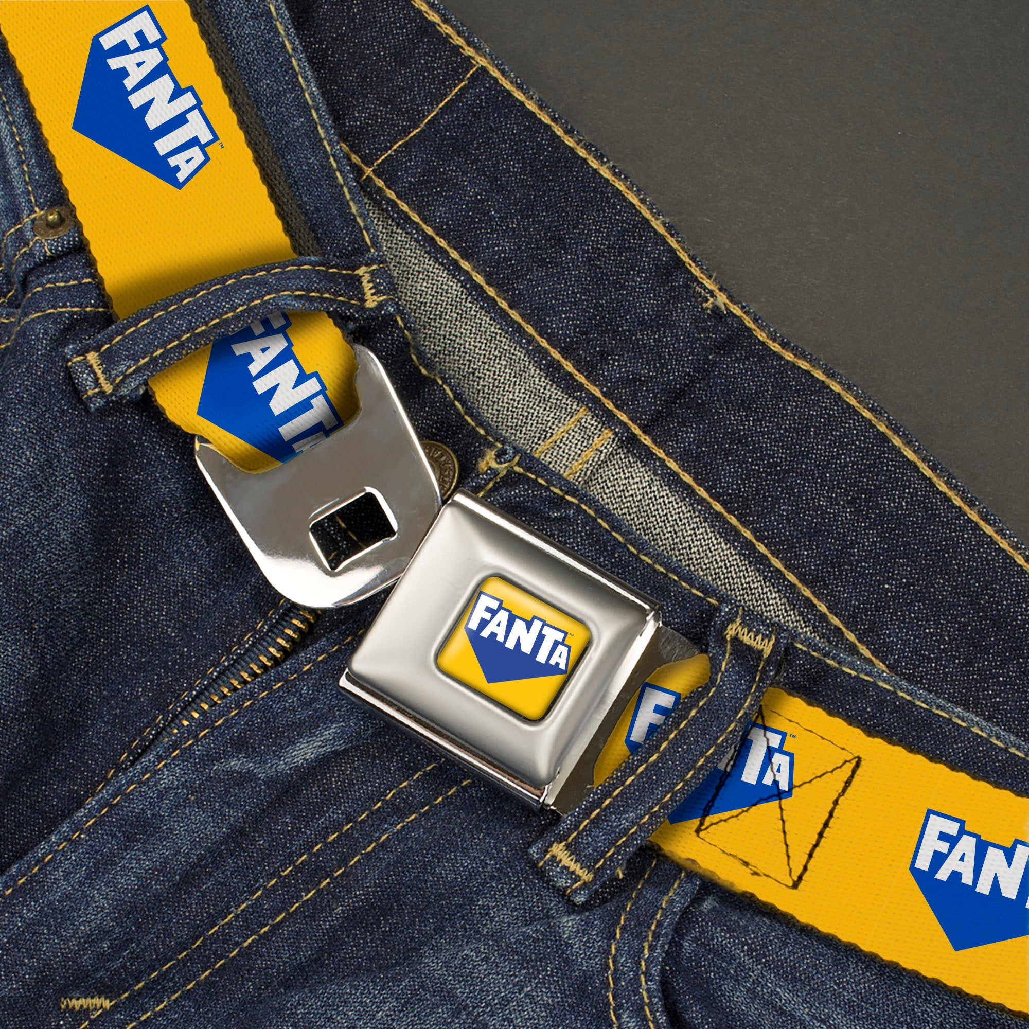 FANTA Logo Full Color Pineapple Yellow/Blue/White Seatbelt Belt - FANTA Logo Pineapple Yellow/Blue/White Webbing Seatbelt Belts Coca-Cola