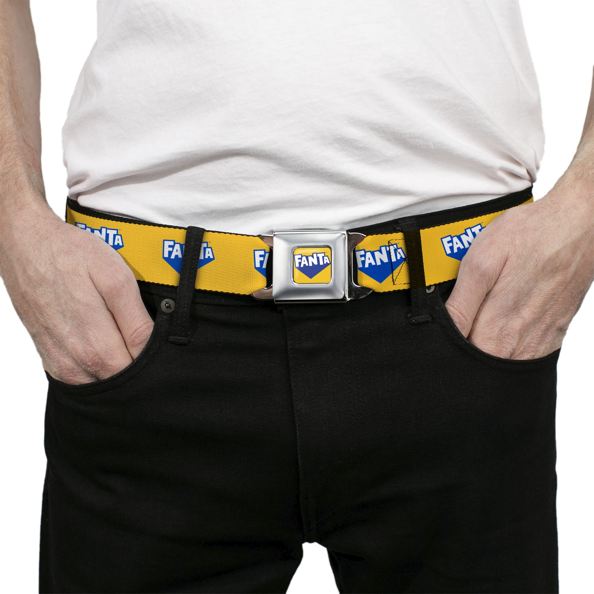 FANTA Logo Full Color Pineapple Yellow/Blue/White Seatbelt Belt - FANTA Logo Pineapple Yellow/Blue/White Webbing Seatbelt Belts Coca-Cola