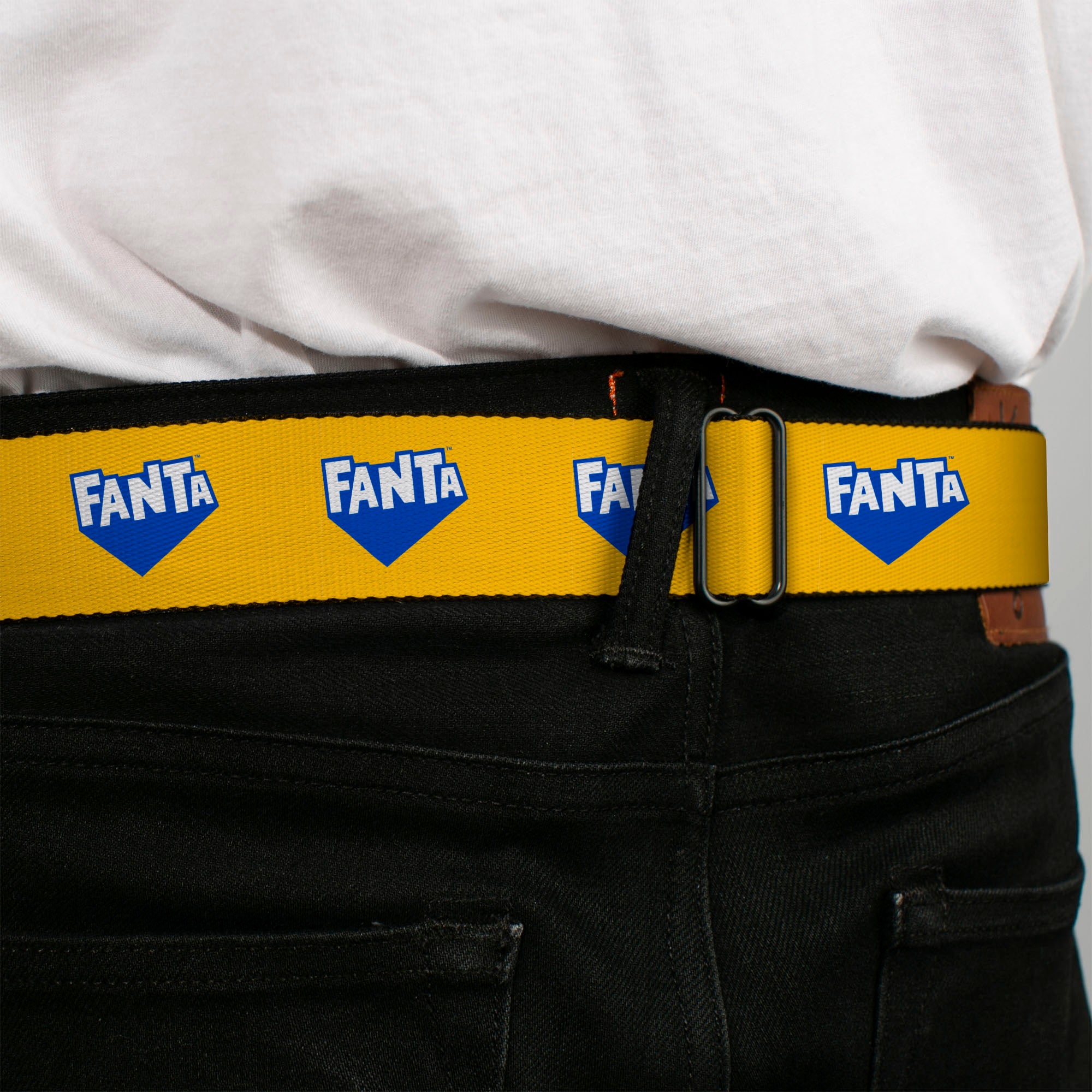 FANTA Logo Full Color Pineapple Yellow/Blue/White Seatbelt Belt - FANTA Logo Pineapple Yellow/Blue/White Webbing Seatbelt Belts Coca-Cola