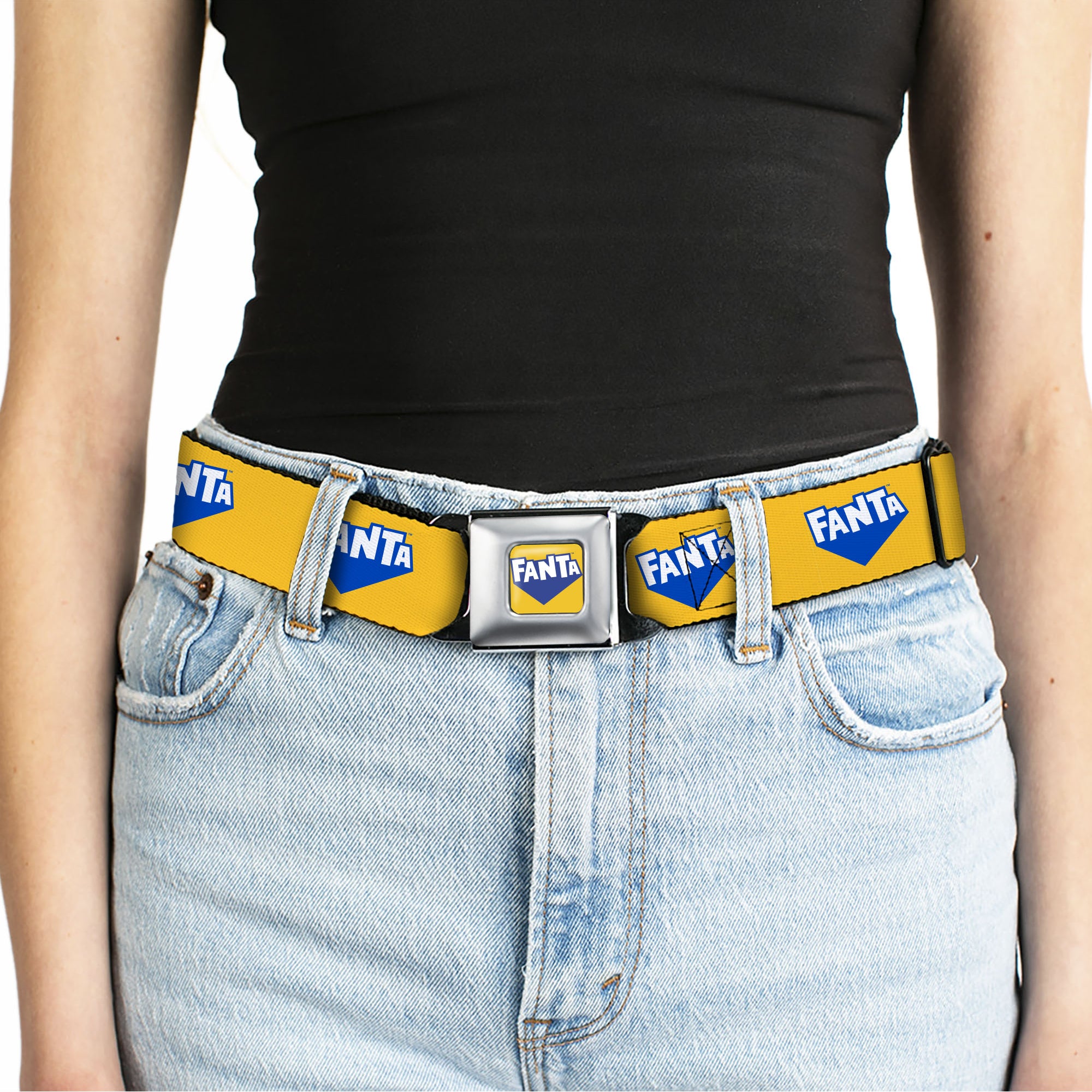 FANTA Logo Full Color Pineapple Yellow/Blue/White Seatbelt Belt - FANTA Logo Pineapple Yellow/Blue/White Webbing Seatbelt Belts Coca-Cola