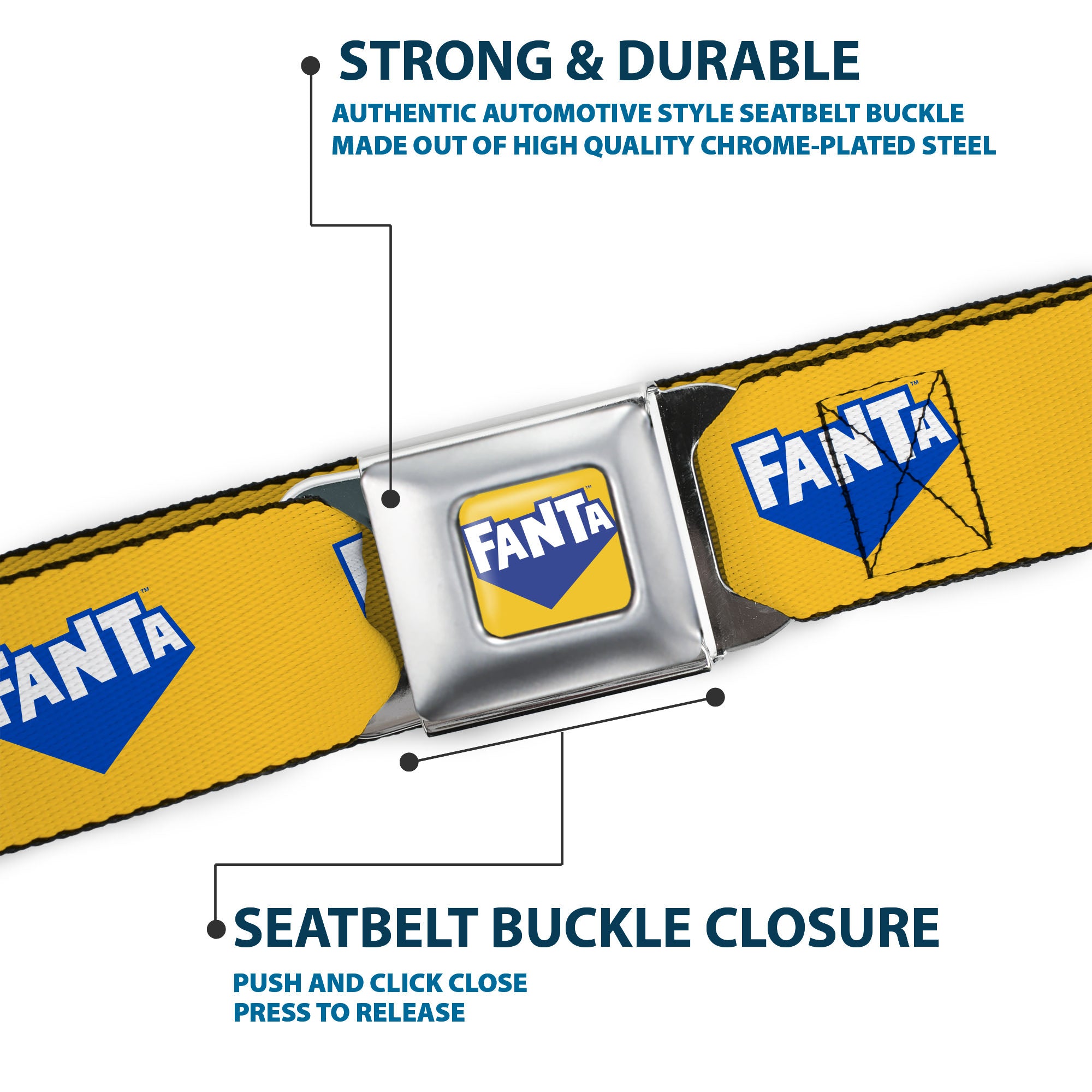 FANTA Logo Full Color Pineapple Yellow/Blue/White Seatbelt Belt - FANTA Logo Pineapple Yellow/Blue/White Webbing Seatbelt Belts Coca-Cola