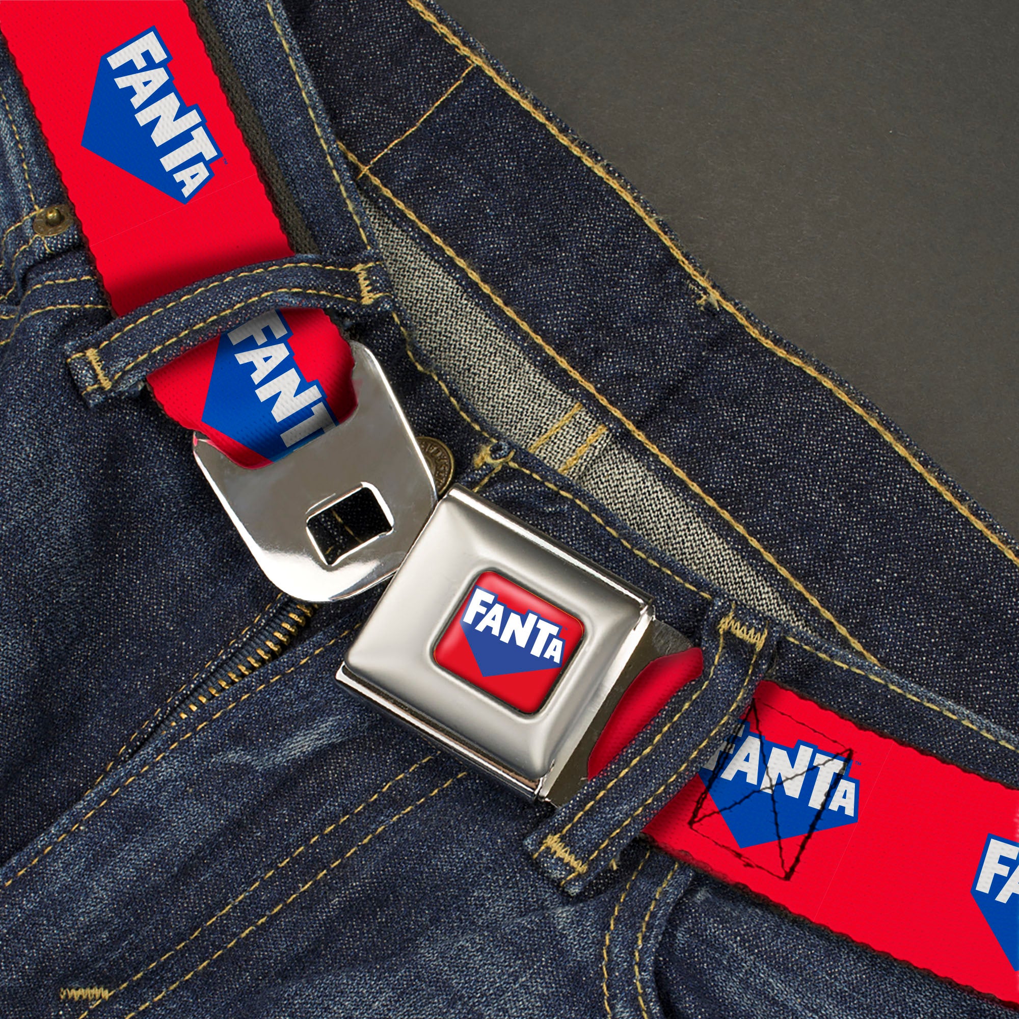 FANTA Logo Full Color Strawberry Red/Blue/White Seatbelt Belt - FANTA Logo Strawberry Red/Blue/White Webbing Seatbelt Belts Coca-Cola