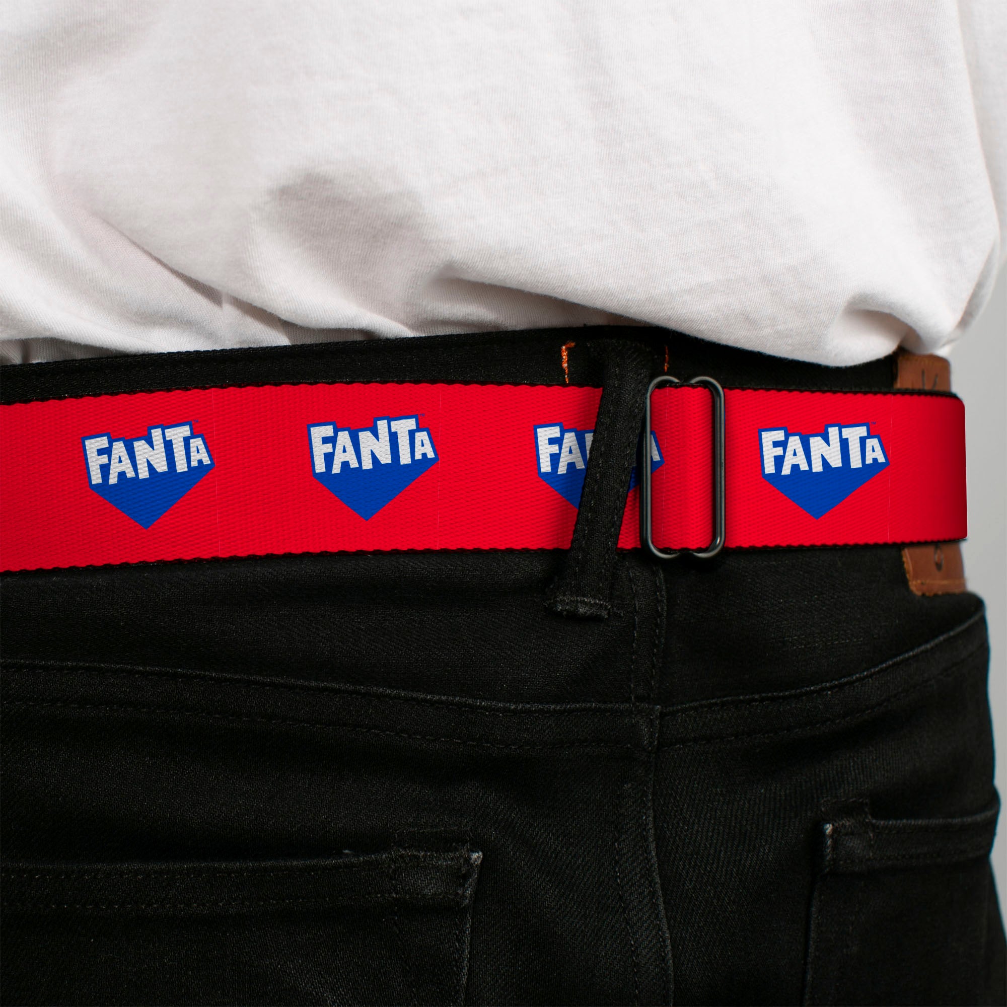 FANTA Logo Full Color Strawberry Red/Blue/White Seatbelt Belt - FANTA Logo Strawberry Red/Blue/White Webbing Seatbelt Belts Coca-Cola