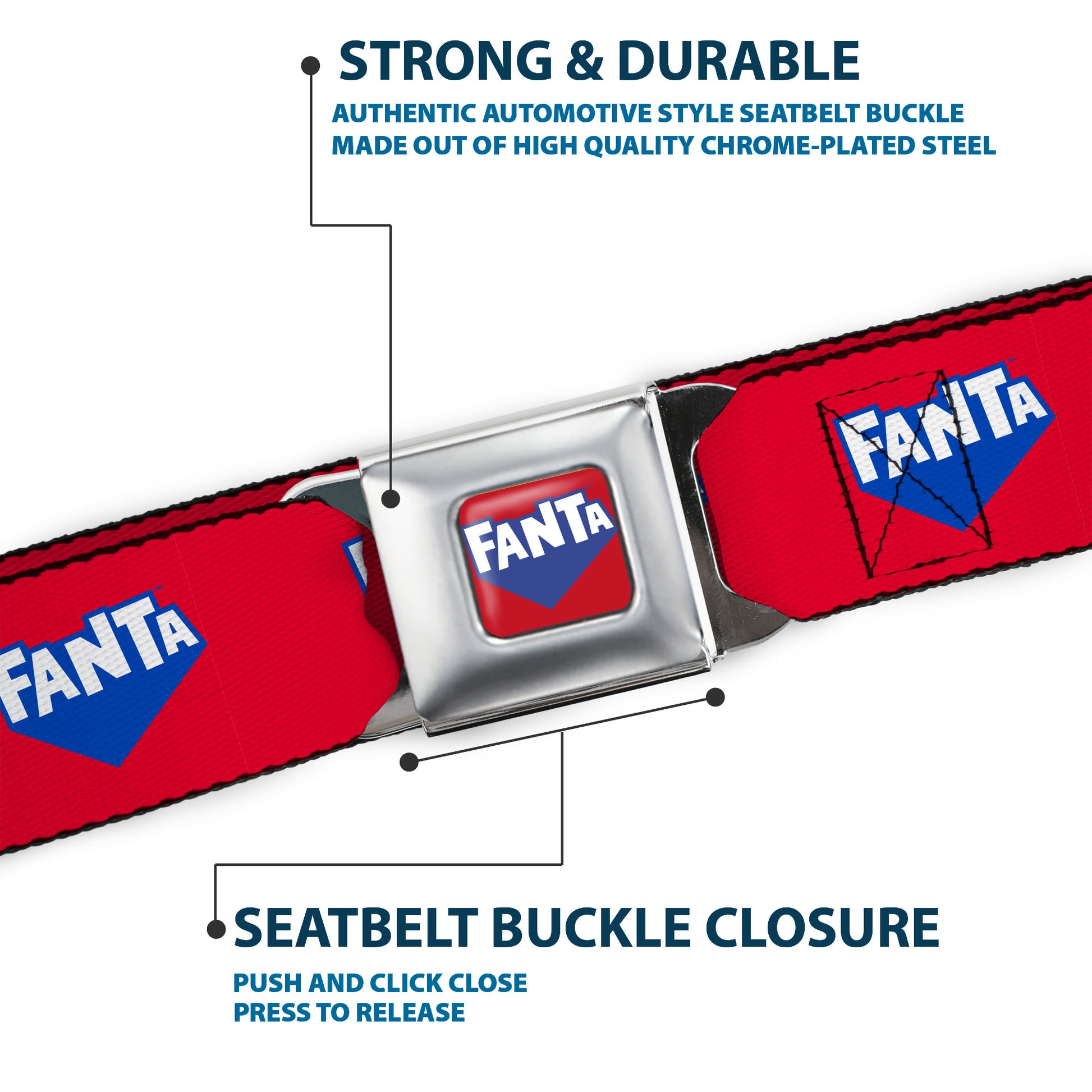 FANTA Logo Full Color Strawberry Red/Blue/White Seatbelt Belt - FANTA Logo Strawberry Red/Blue/White Webbing Seatbelt Belts Coca-Cola