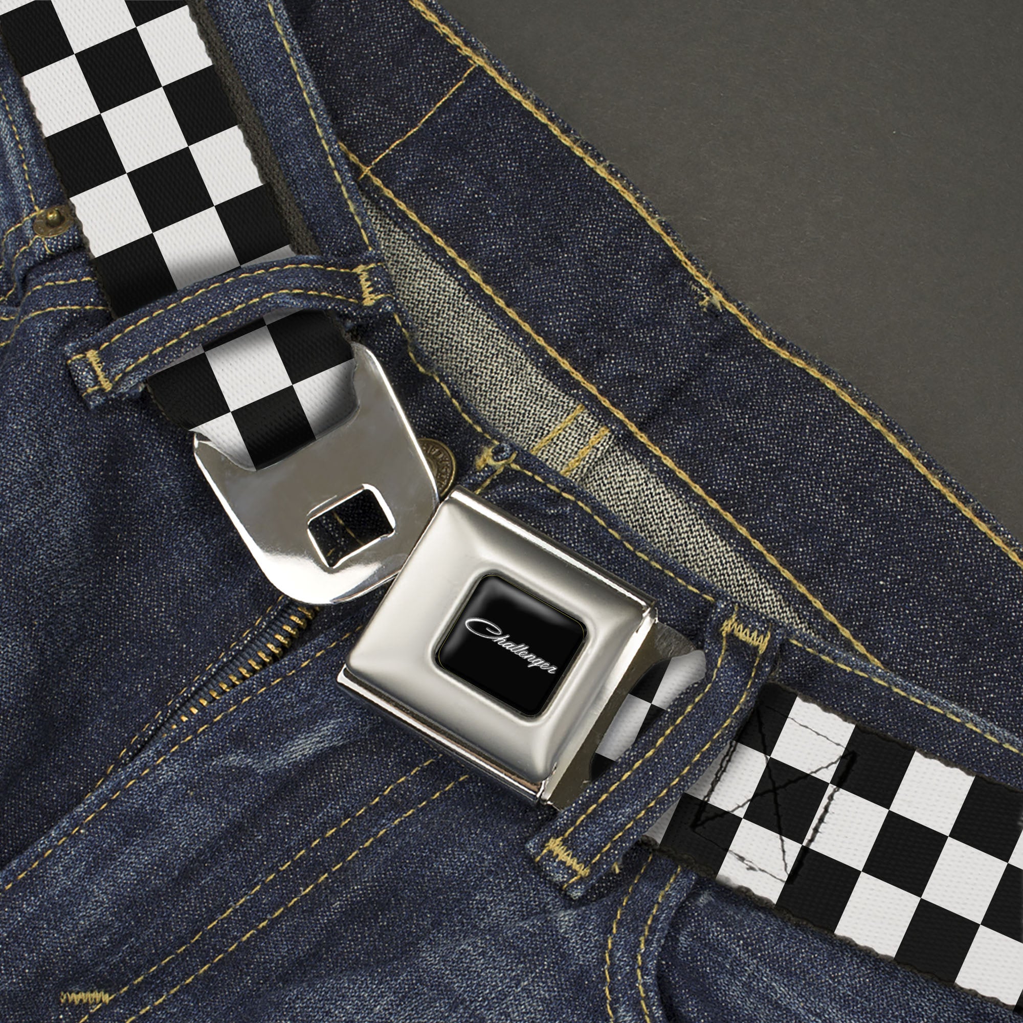 CHALLENGER Script Seatbelt Belt - Checker Black/White Webbing Seatbelt Belts Dodge