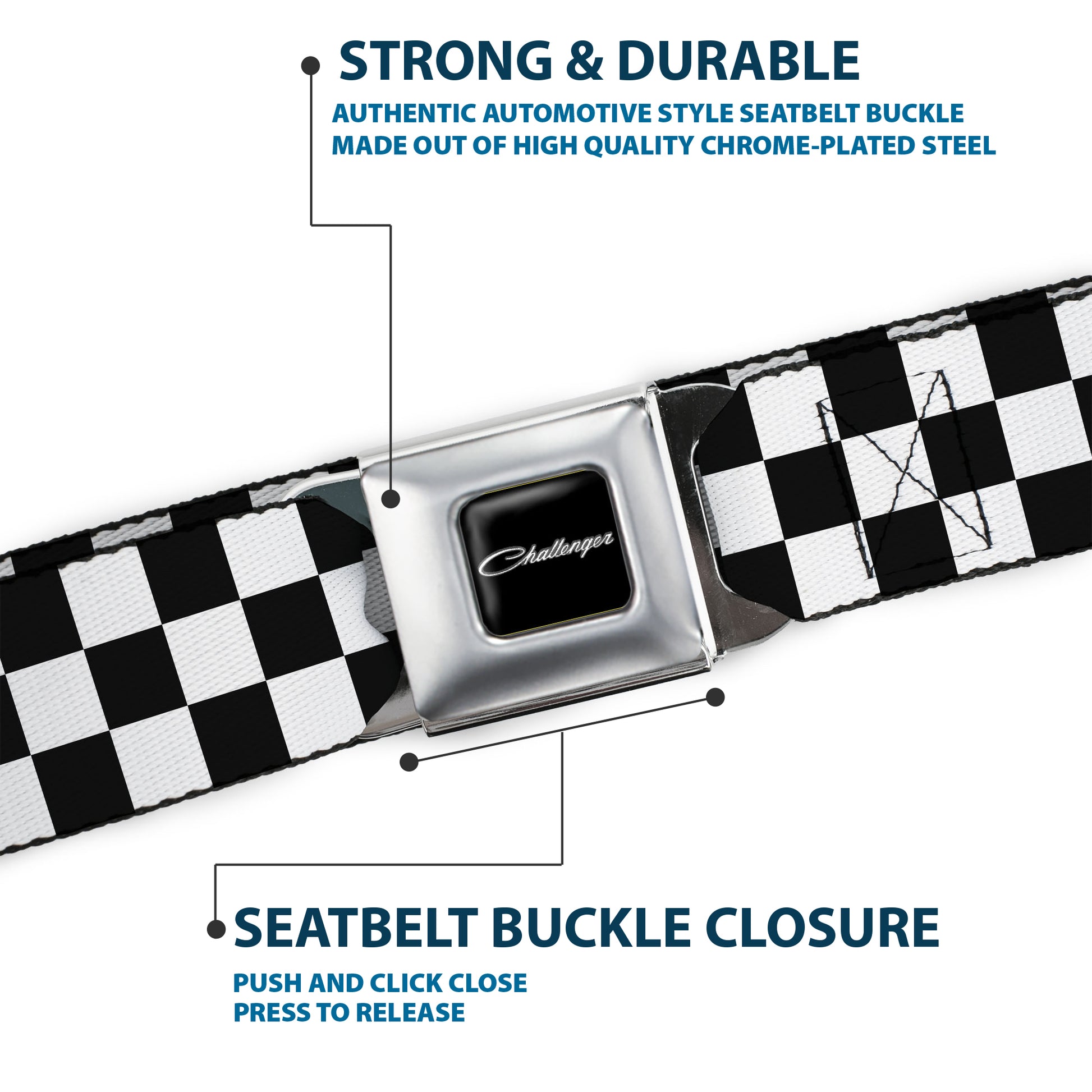 CHALLENGER Script Seatbelt Belt - Checker Black/White Webbing Seatbelt Belts Dodge