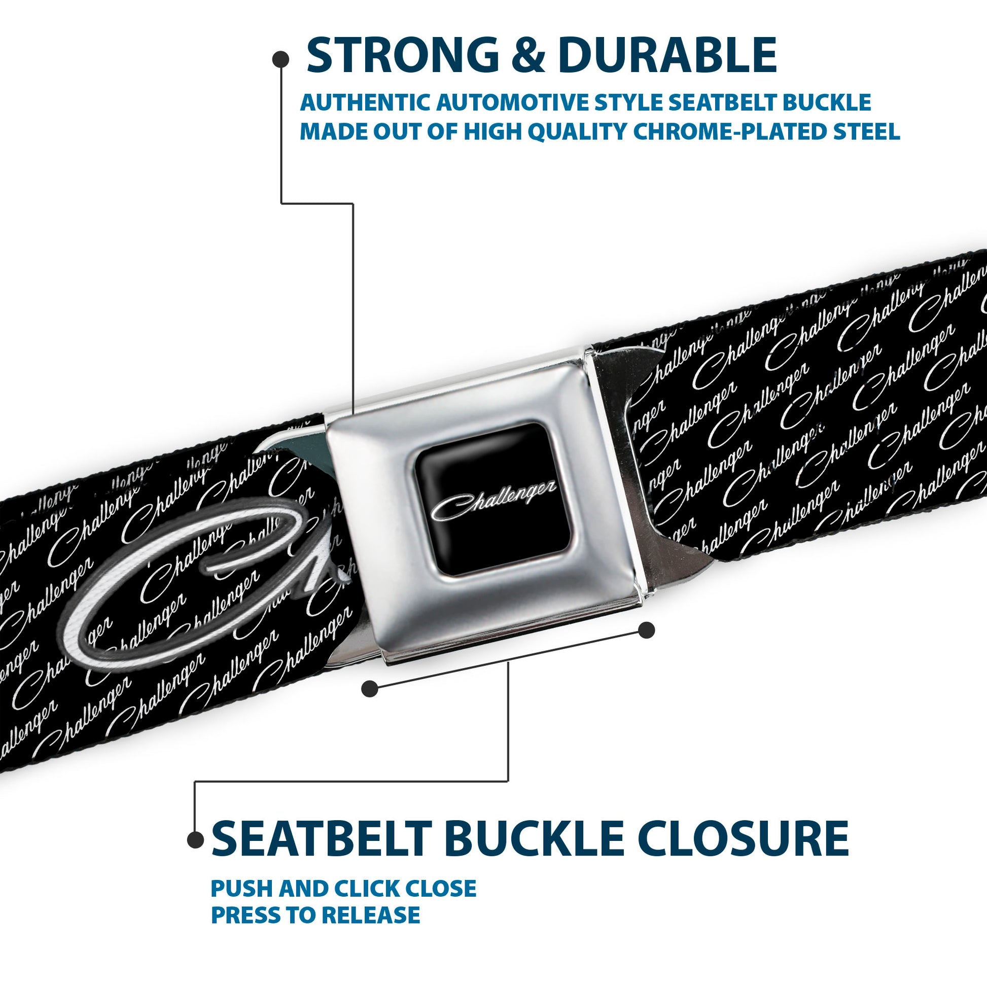 CHALLENGER Script Seatbelt Belt - CHALLENGER Repeat w/Text Black/White Webbing Seatbelt Belts Dodge