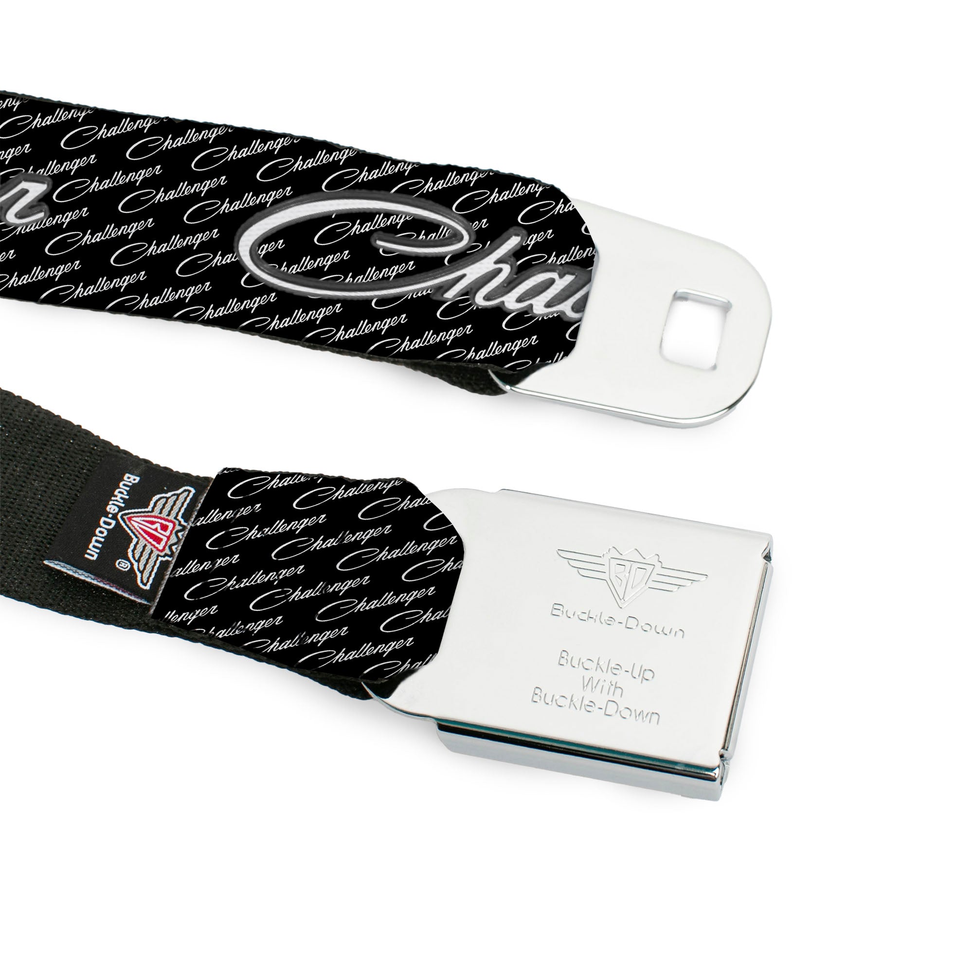 CHALLENGER Script Seatbelt Belt - CHALLENGER Repeat w/Text Black/White Webbing Seatbelt Belts Dodge
