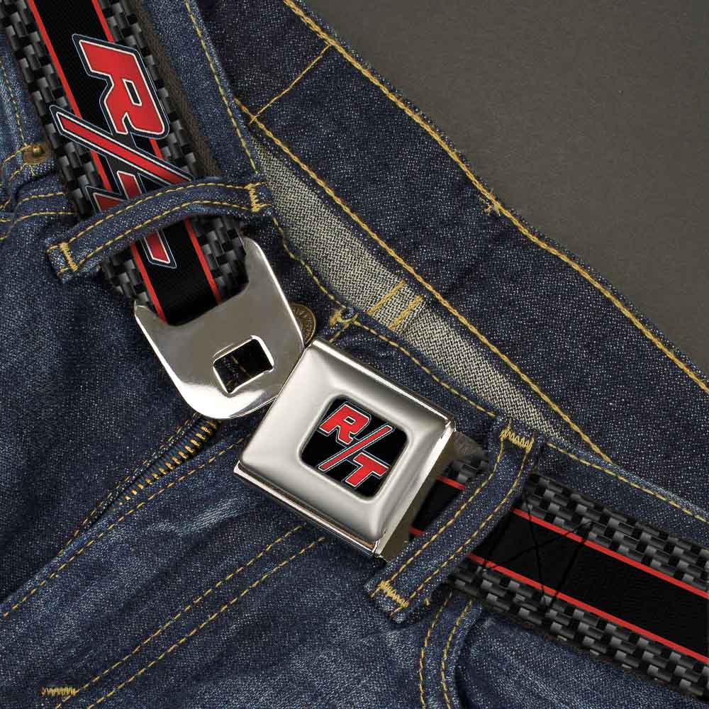 Dodge Challenger R T Emblem Full Color Black White Red Seatbelt Belt - Dodge Challenger R/T Emblem/Carbon Fiber Stripe Grays/Black/Red Webbing Seatbelt Belts Dodge