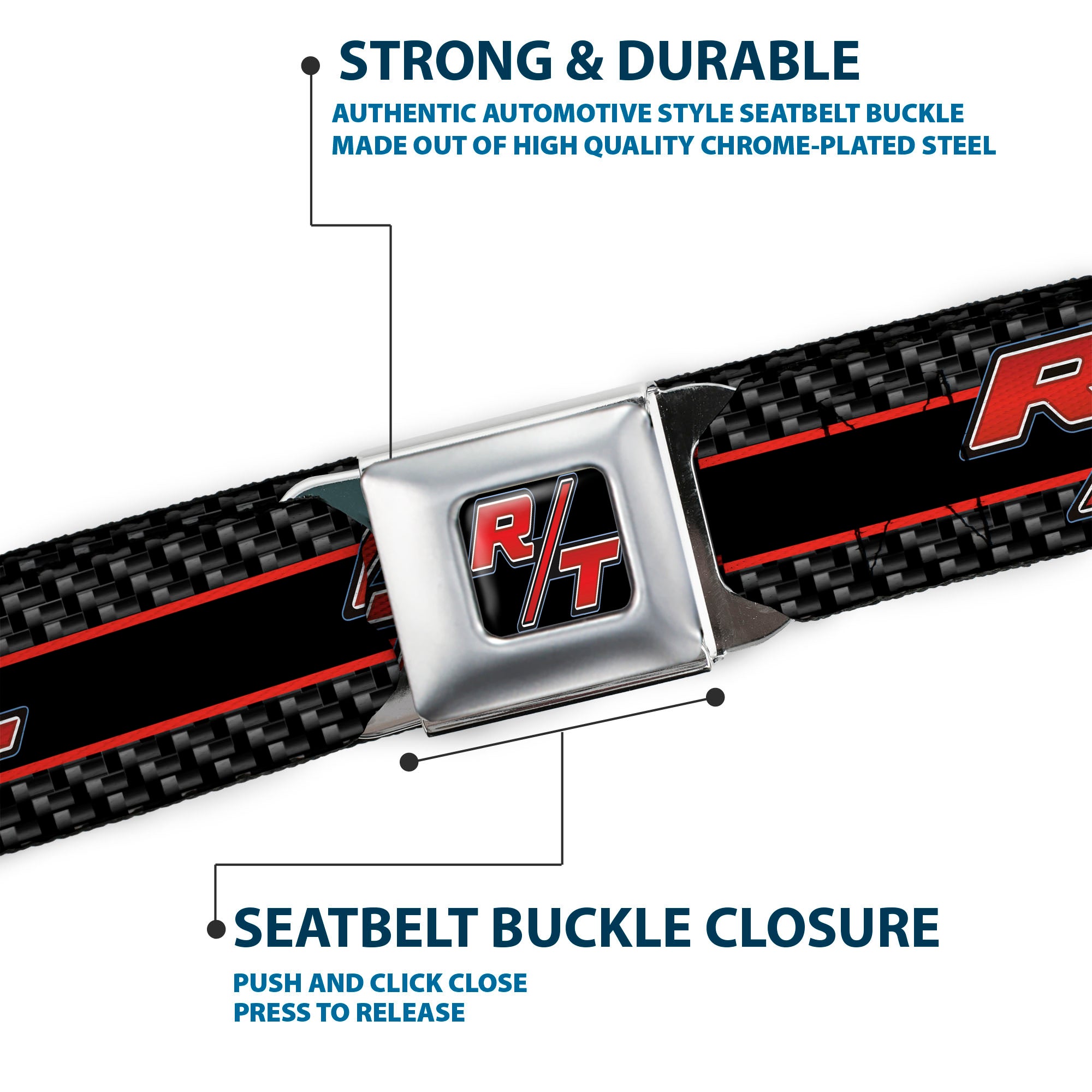 Dodge Challenger R T Emblem Full Color Black White Red Seatbelt Belt - Dodge Challenger R/T Emblem/Carbon Fiber Stripe Grays/Black/Red Webbing Seatbelt Belts Dodge