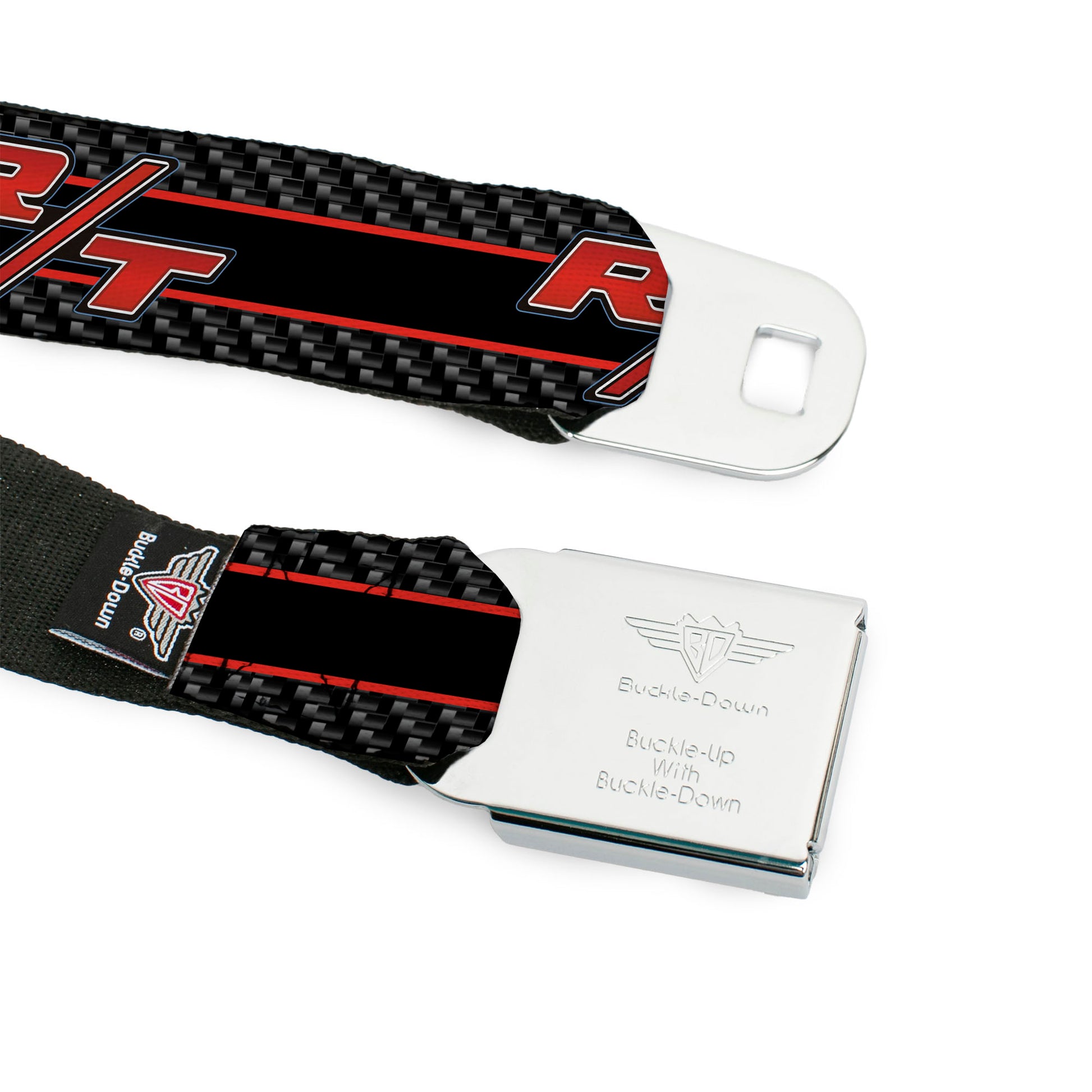 Dodge Challenger R T Emblem Full Color Black White Red Seatbelt Belt - Dodge Challenger R/T Emblem/Carbon Fiber Stripe Grays/Black/Red Webbing Seatbelt Belts Dodge