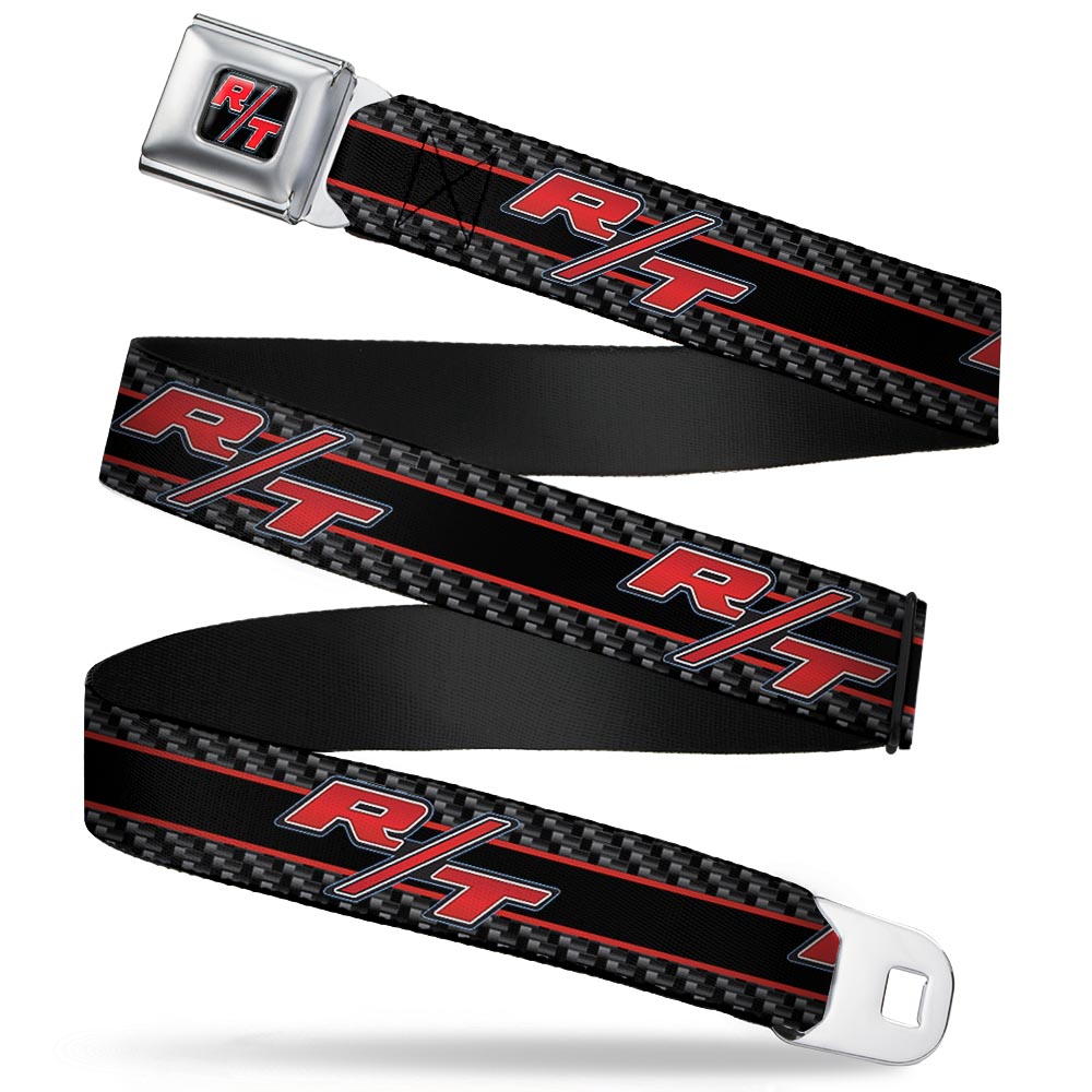 Dodge Challenger R T Emblem Full Color Black White Red Seatbelt Belt - Dodge Challenger R/T Emblem/Carbon Fiber Stripe Grays/Black/Red Webbing Seatbelt Belts Dodge