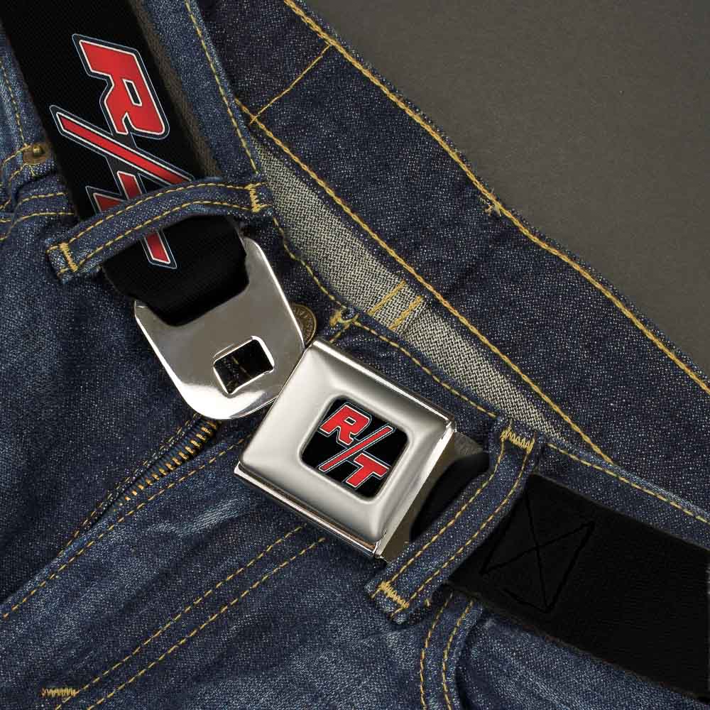 Dodge Challenger R T Emblem Full Color Black White Red Seatbelt Belt - Dodge Challenger R/T Emblem Repeat Black/Blue/White/Red Webbing Seatbelt Belts Dodge