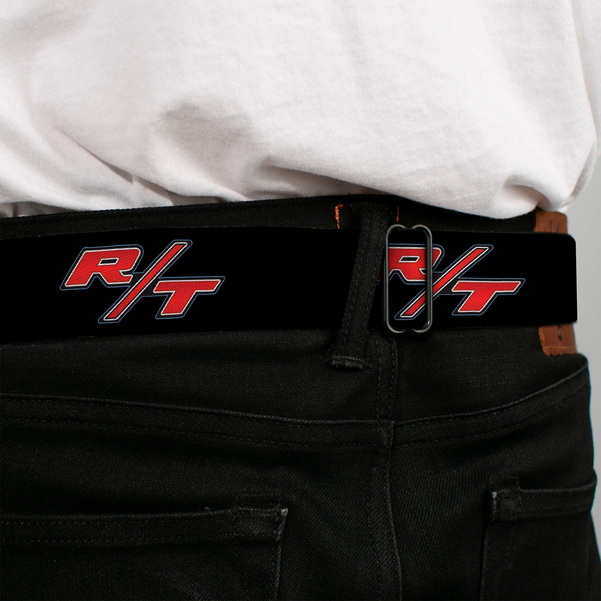 Dodge Challenger R T Emblem Full Color Black White Red Seatbelt Belt - Dodge Challenger R/T Emblem Repeat Black/Blue/White/Red Webbing Seatbelt Belts Dodge