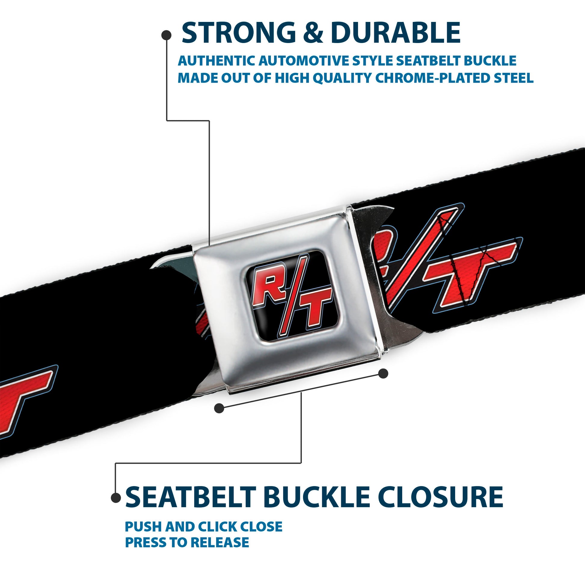 Dodge Challenger R T Emblem Full Color Black White Red Seatbelt Belt - Dodge Challenger R/T Emblem Repeat Black/Blue/White/Red Webbing Seatbelt Belts Dodge