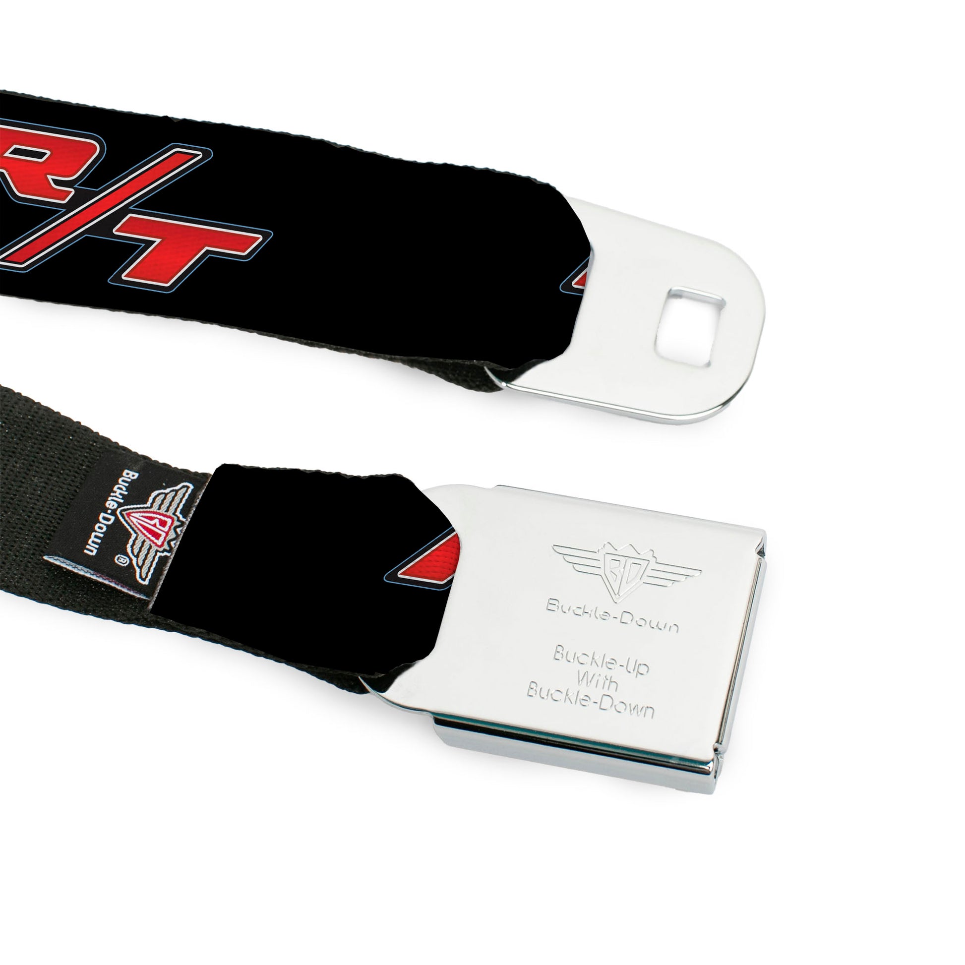 Dodge Challenger R T Emblem Full Color Black White Red Seatbelt Belt - Dodge Challenger R/T Emblem Repeat Black/Blue/White/Red Webbing Seatbelt Belts Dodge