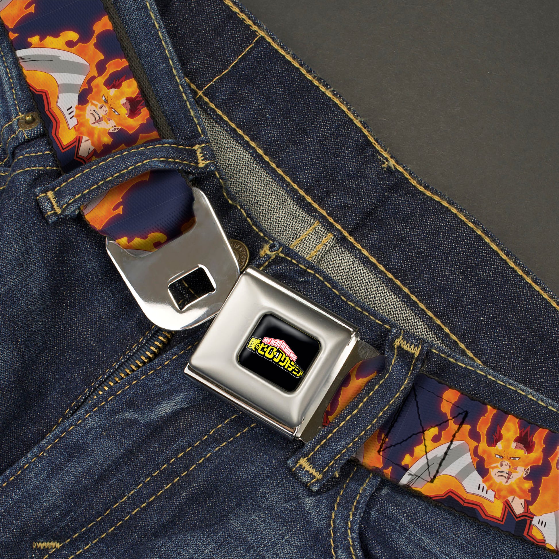 MY HERO ACADEMIA Title Logo Full Color Black Seatbelt Belt - My Hero Academia Flame Hero Endeavor Pose Blue Webbing Seatbelt Belts My Hero Academia